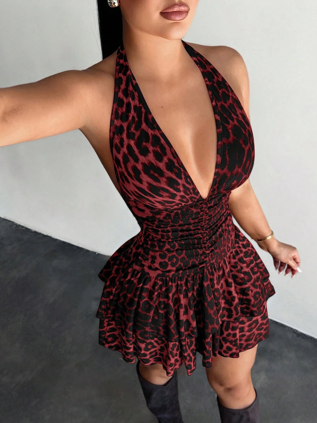 SXY Women's Polka Dot Print Deep V-Neck Sexy Halter Ruffle Dress