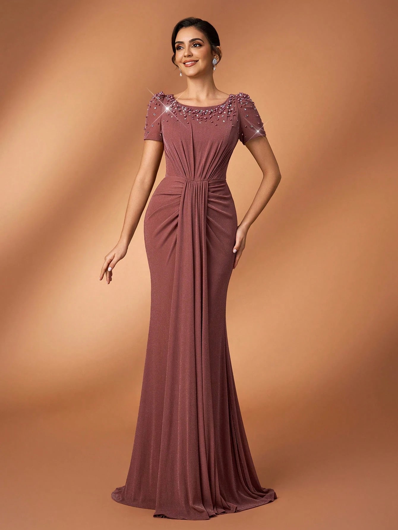 Serin Elegant Sequin & Rhinestone Mesh Splice Mermaid Dress,Dusty Rose Spring Bridesmaid Formal Party - image 2