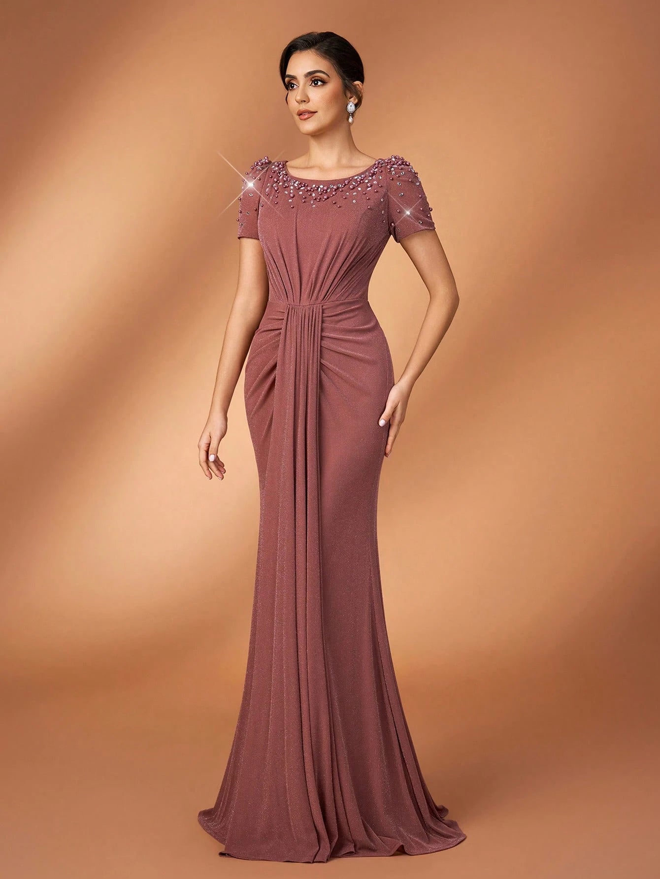 Serin Elegant Sequin & Rhinestone Mesh Splice Mermaid Dress,Dusty Rose Spring Bridesmaid Formal Party - image 4
