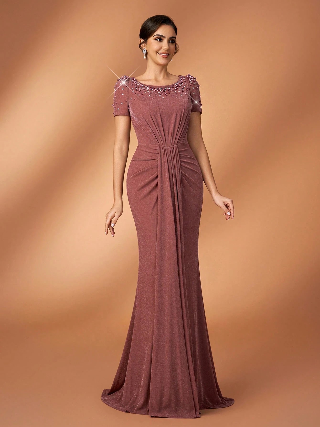 Serin Elegant Sequin & Rhinestone Mesh Splice Mermaid Dress,Dusty Rose Spring Bridesmaid Formal Party - image 5