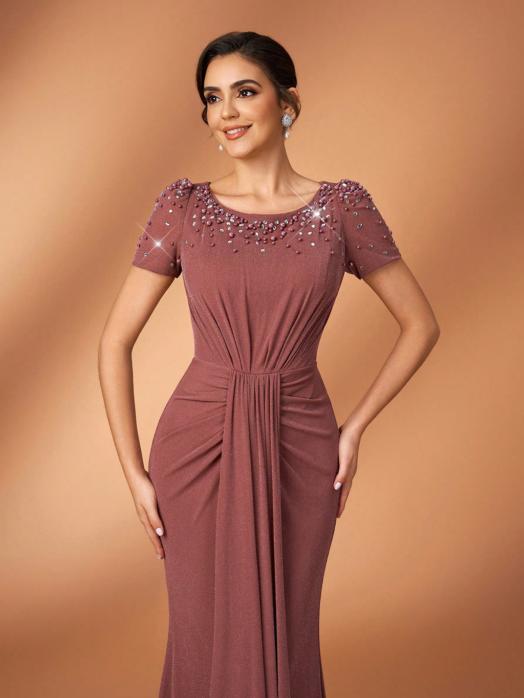 Serin Elegant Sequin & Rhinestone Mesh Splice Mermaid Dress,Dusty Rose Spring Bridesmaid Formal Party - image 6