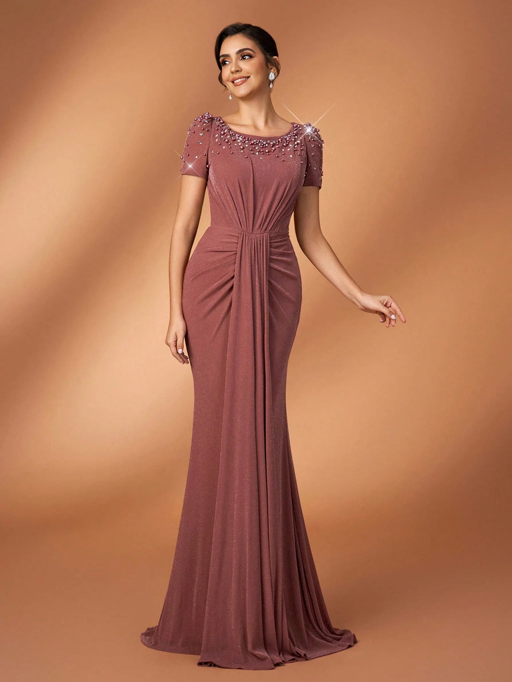 Serin Elegant Sequin & Rhinestone Mesh Splice Mermaid Dress,Dusty Rose Spring Bridesmaid Formal Party - image 7