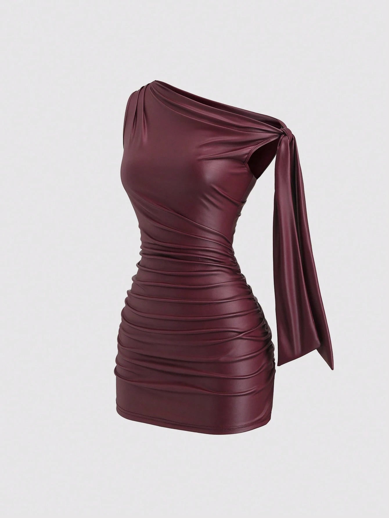 Sweetra Wine Red Black Coated Elastic Asymmetric Neck Ruched Slim Fit Mini Dress,Side - image 7