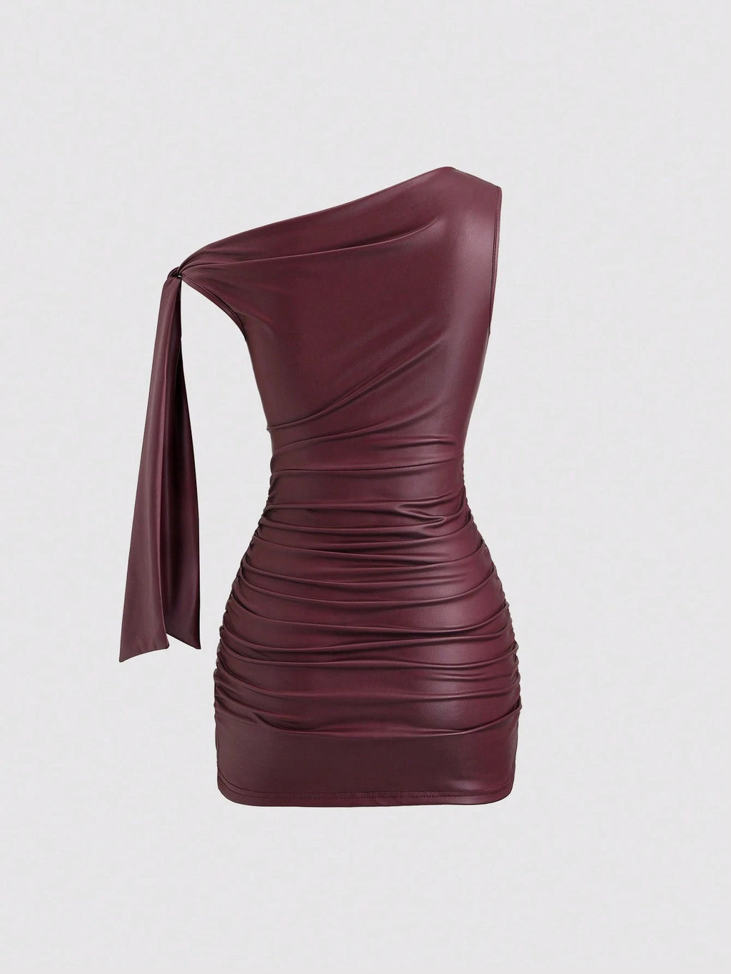 Sweetra Wine Red Black Coated Elastic Asymmetric Neck Ruched Slim Fit