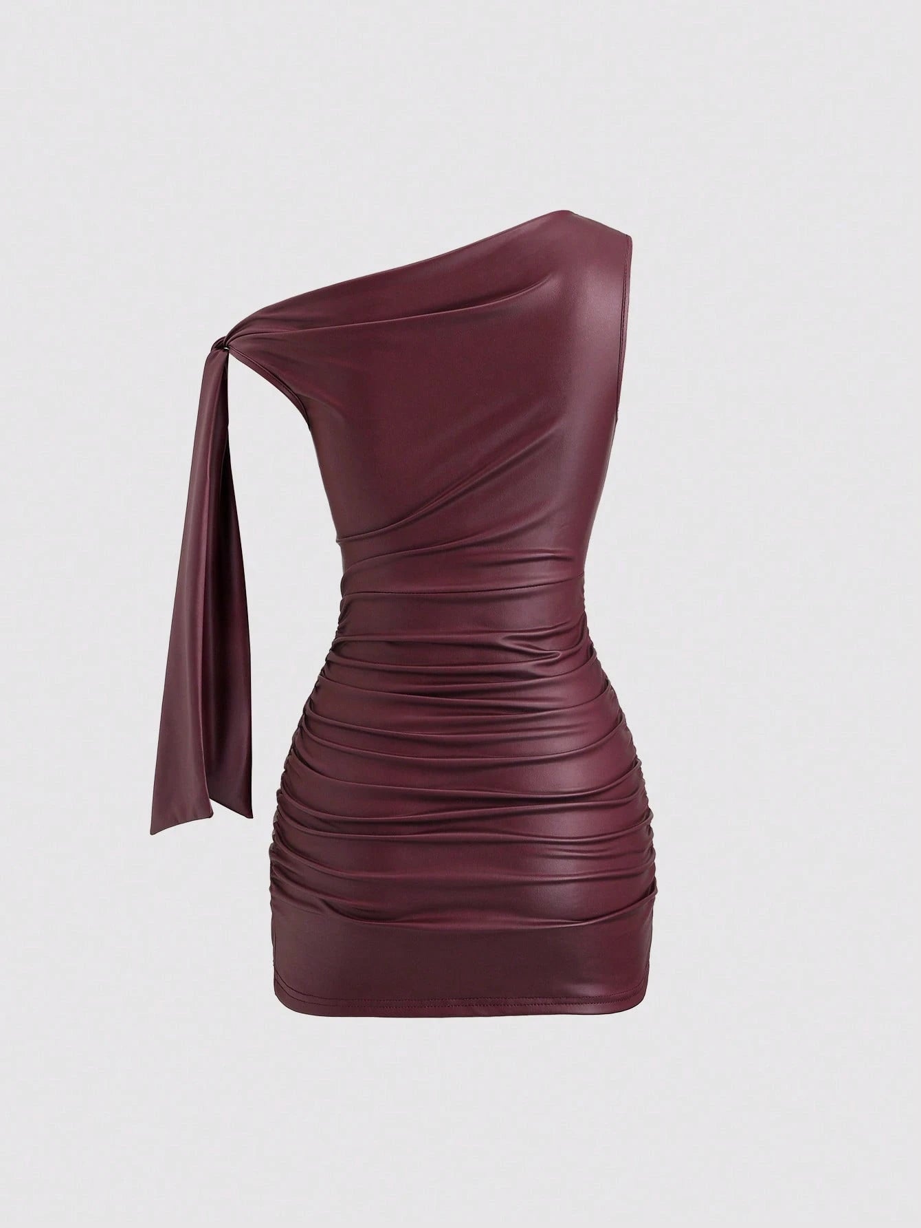 Sweetra Wine Red Black Coated Elastic Asymmetric Neck Ruched Slim Fit