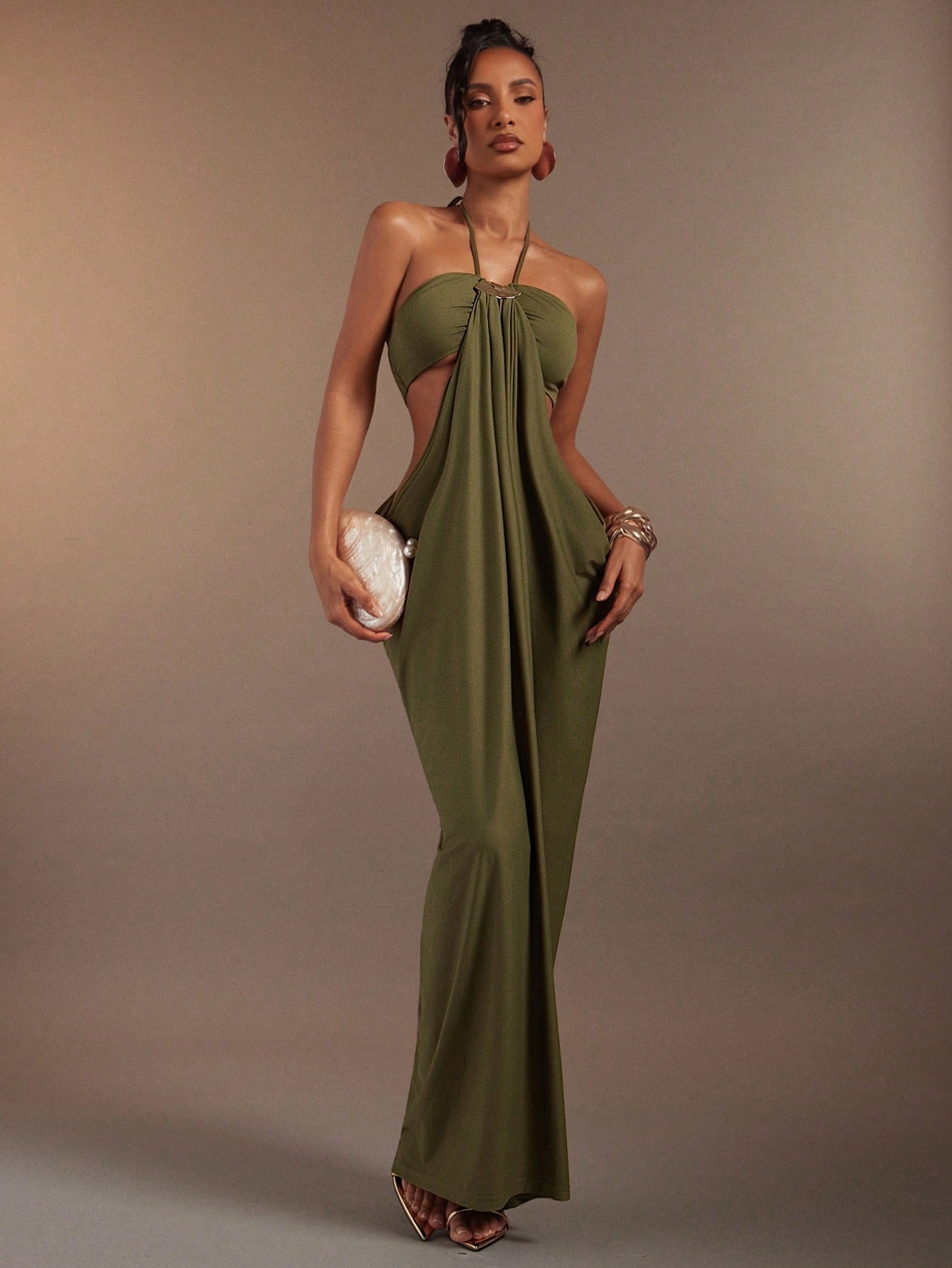 Hauture Olive Green Bandeau Cut Out Side Draped Gathered Side Halter Neck Maxi Dess - image 7