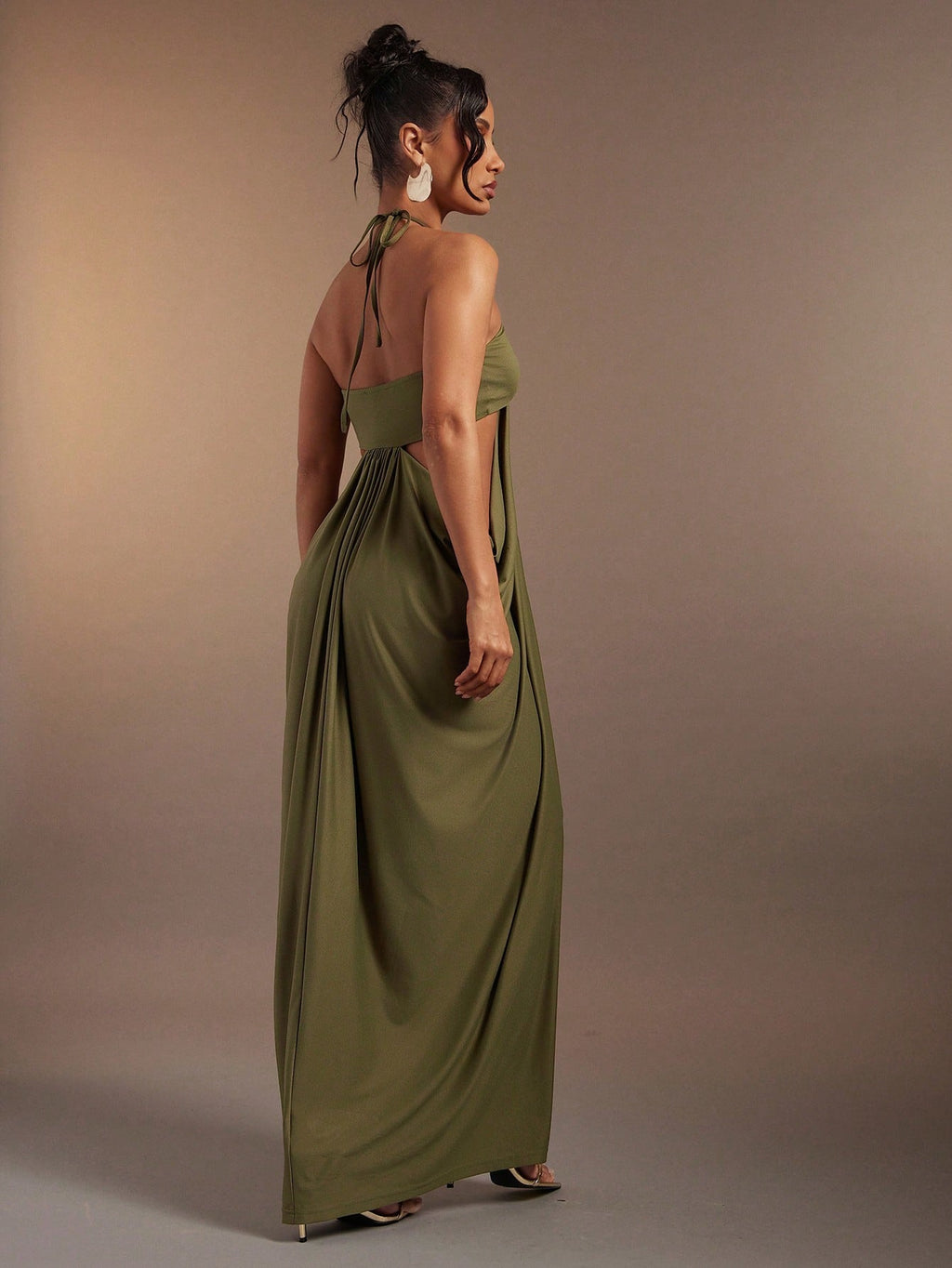 Hauture Olive Green Bandeau Cut Out Side Draped Gathered Side Halter
