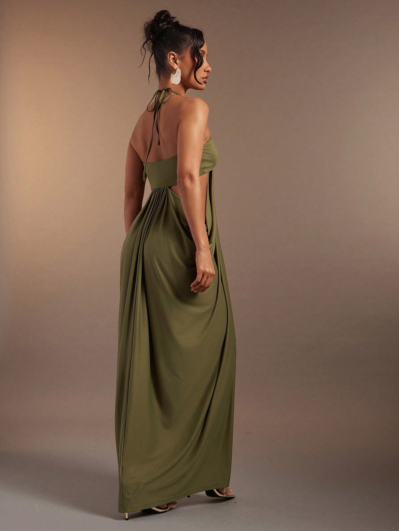 Hauture Olive Green Bandeau Cut Out Side Draped Gathered Side Halter