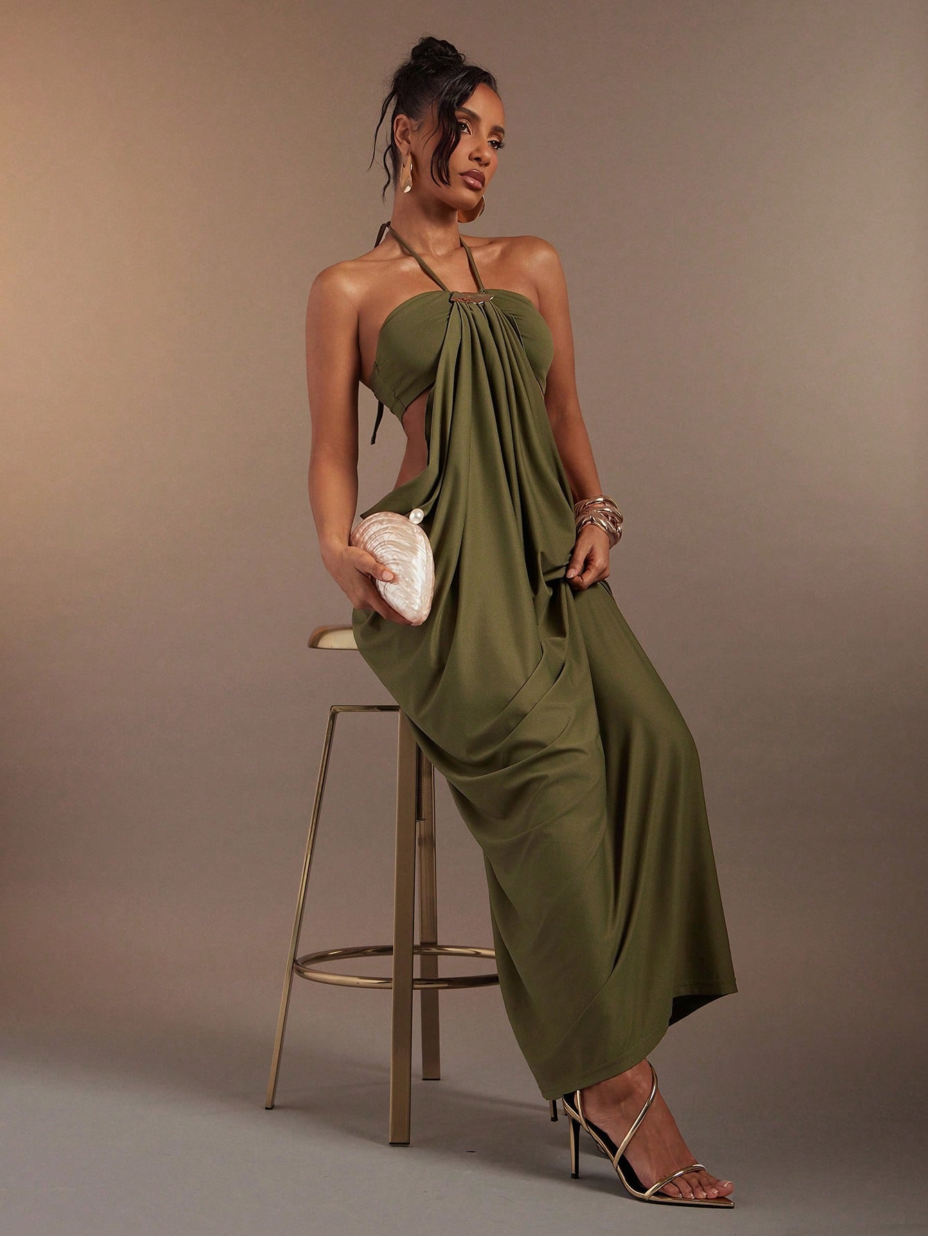 Hauture Olive Green Bandeau Cut Out Side Draped Gathered Side Halter