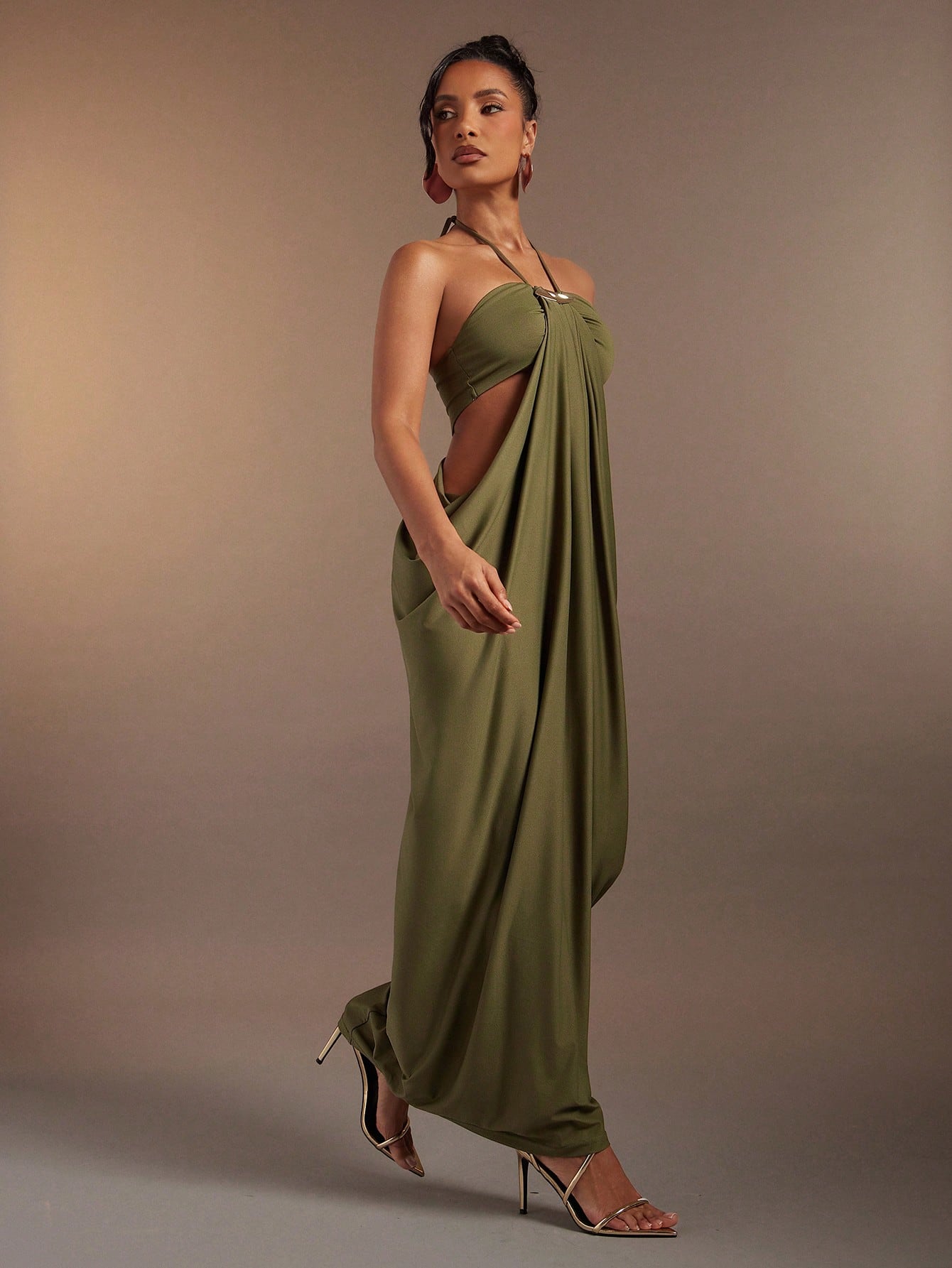 Hauture Olive Green Bandeau Cut Out Side Draped Gathered Side Halter
