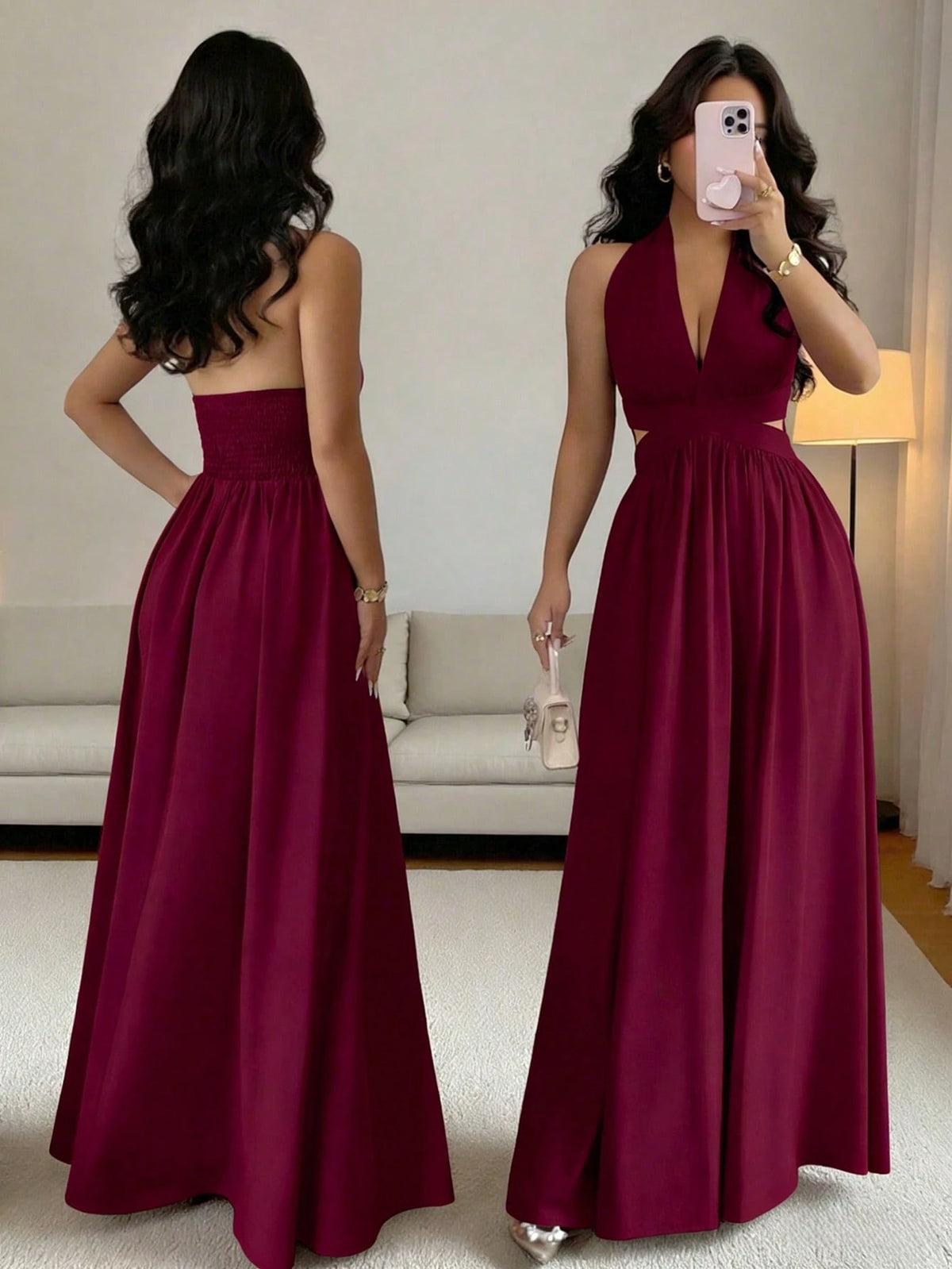 Rafferiza Women's Lilac Purple Elegant Party Dress,Summer V-Neck Halter Waist Hollow Design Pleated Maxi - image 18