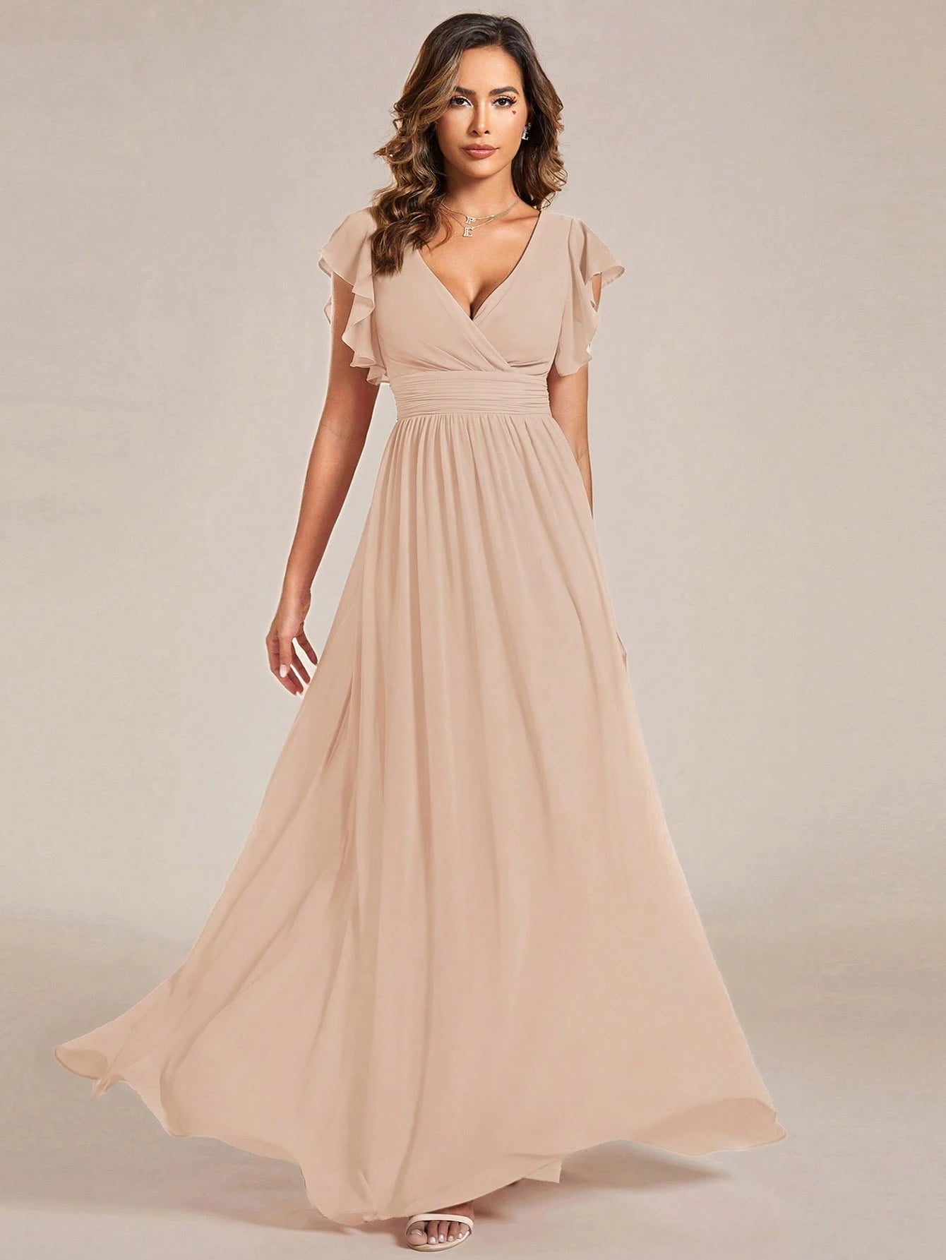 Asymmetric Ruffle Sleeve V-Neck Chiffon Green Bridesmaid Dress, Suitable For Weddings, Birthdays, Parties - image 4