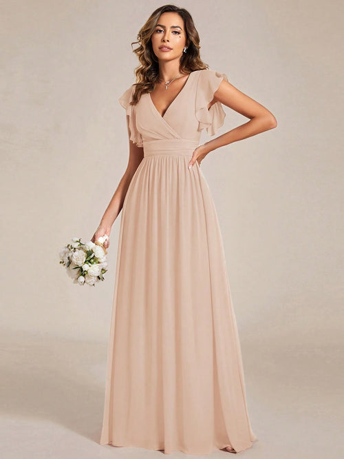 Asymmetric Ruffle Sleeve V-Neck Chiffon Green Bridesmaid Dress, Suitable For Weddings, Birthdays, Parties
