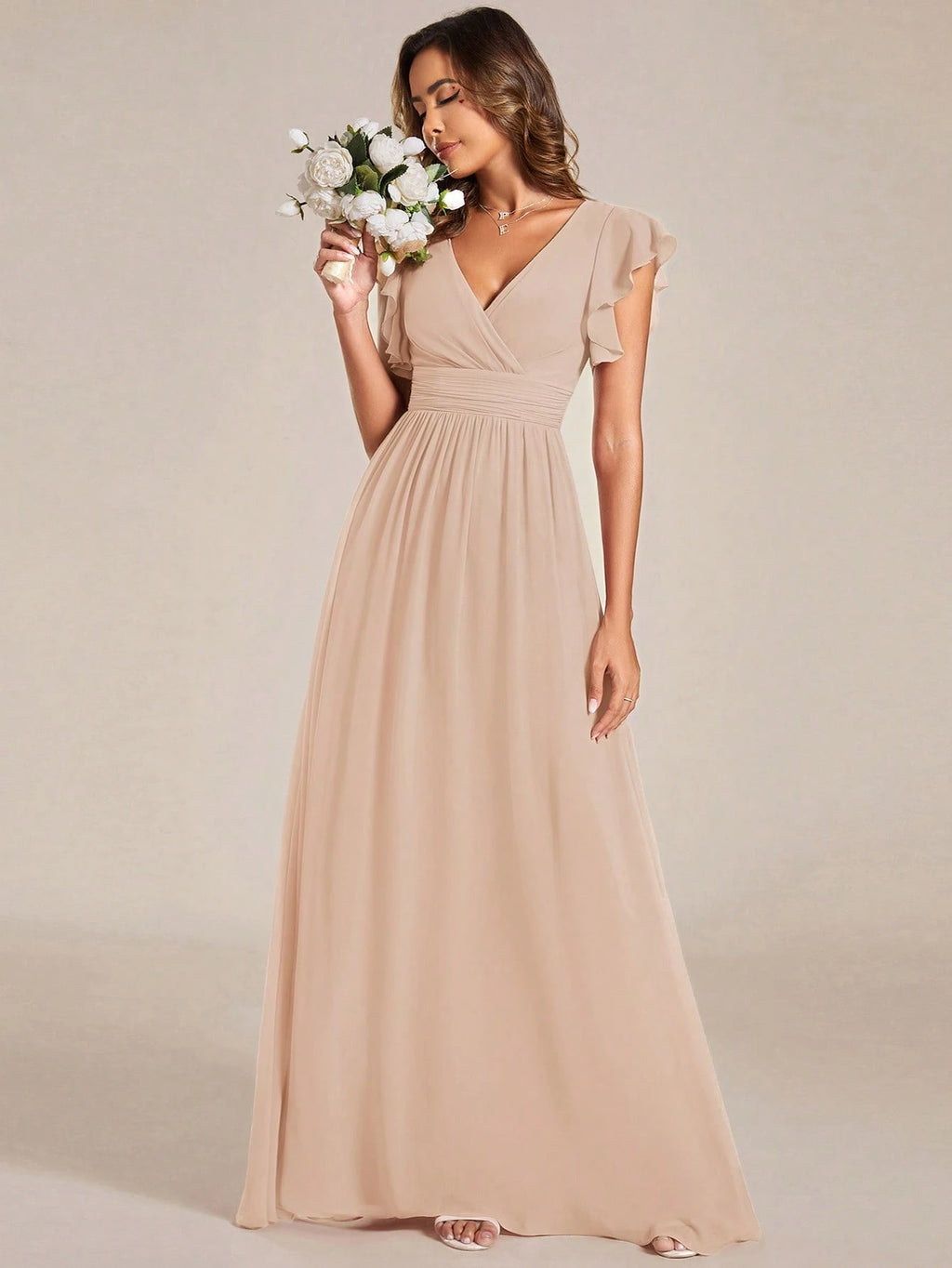 Asymmetric Ruffle Sleeve V-Neck Chiffon Green Bridesmaid Dress, Suitable For Weddings, Birthdays, Parties - image 3