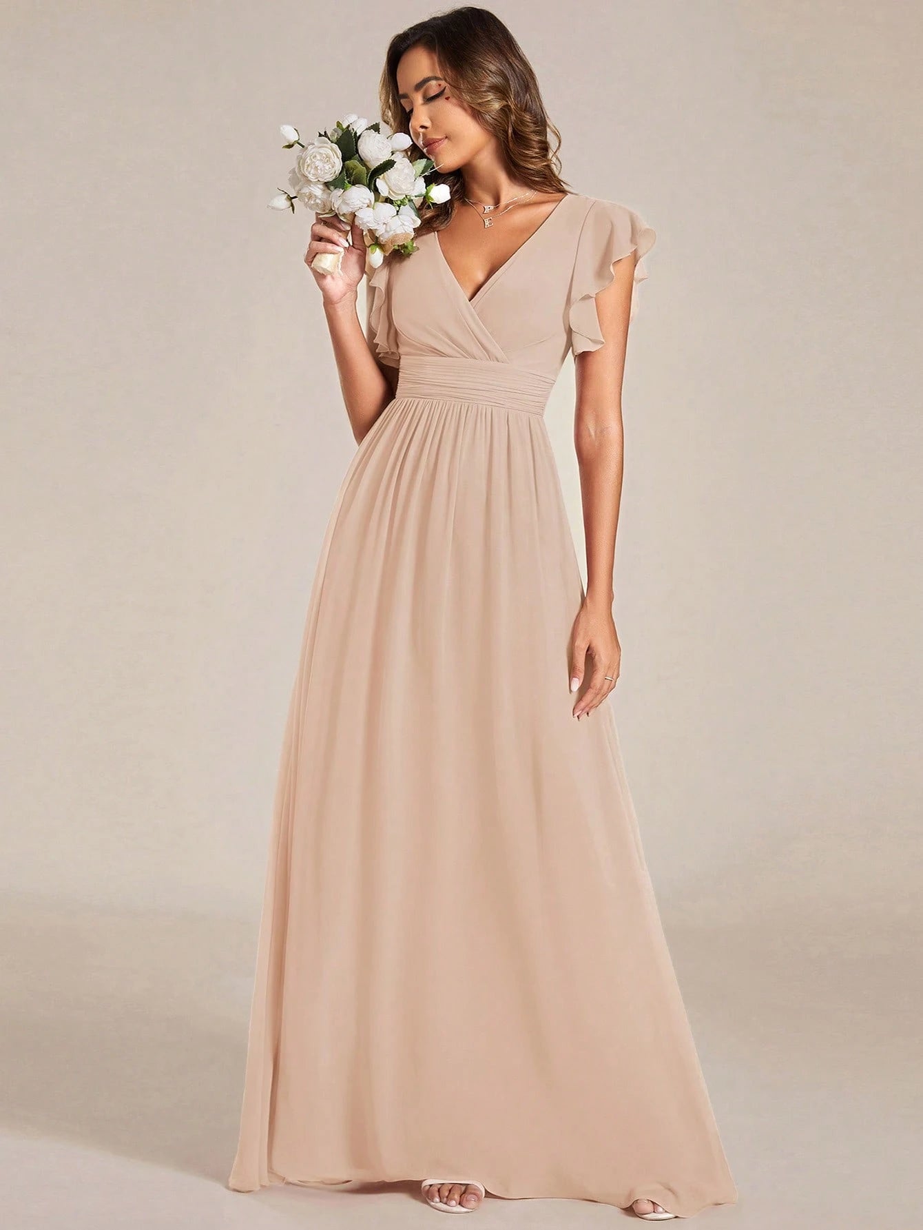 Asymmetric Ruffle Sleeve V-Neck Chiffon Green Bridesmaid Dress, Suitable For Weddings, Birthdays, Parties - image 3