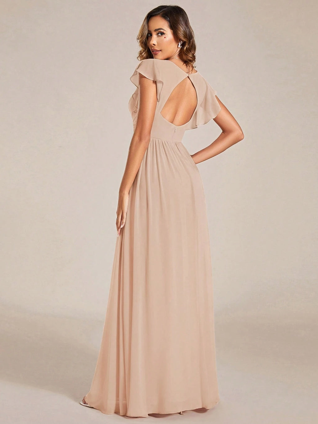 Asymmetric Ruffle Sleeve V-Neck Chiffon Green Bridesmaid Dress, Suitable For Weddings, Birthdays, Parties - image 2
