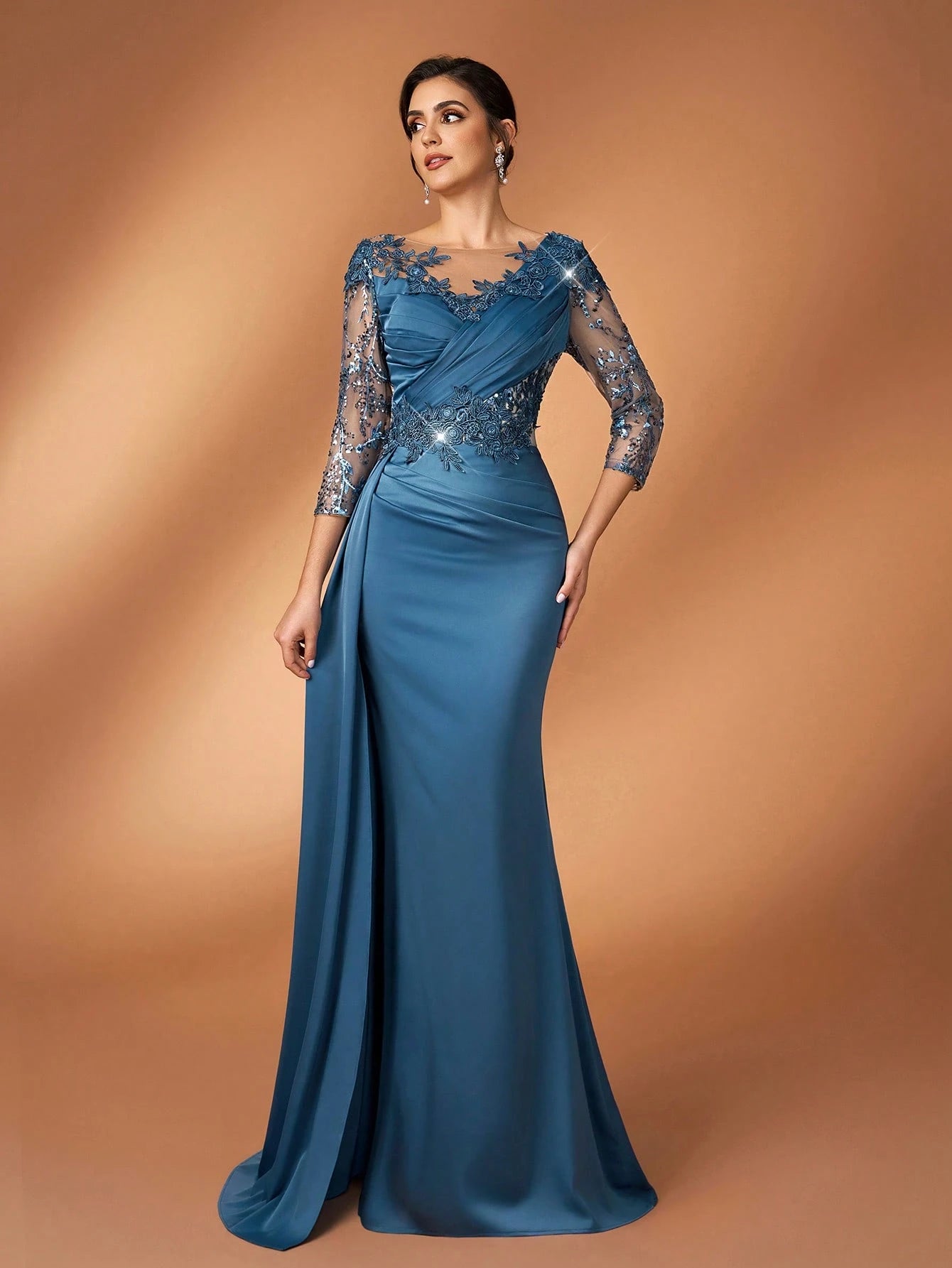 Serin Teal Winter Formal Elegant Bridesmaid Evening Mother Of The Bride Dress Luxurious Pearl Sequin - image 2