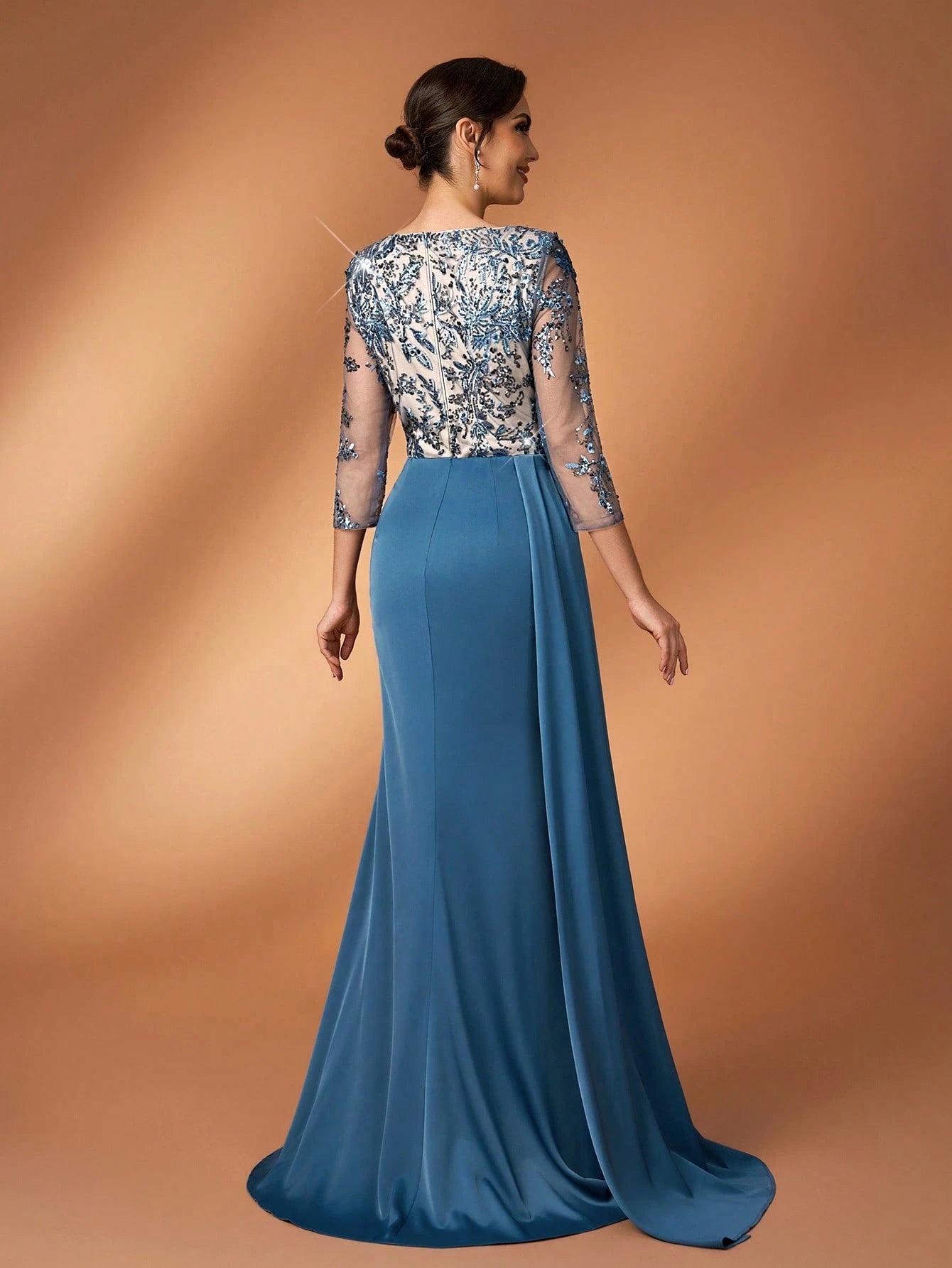 Serin Teal Winter Formal Elegant Bridesmaid Evening Mother Of The Bride Dress Luxurious Pearl Sequin - image 4