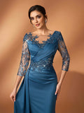Serin Teal Winter Formal Elegant Bridesmaid Evening Mother Of The Bride Dress Luxurious Pearl Sequin