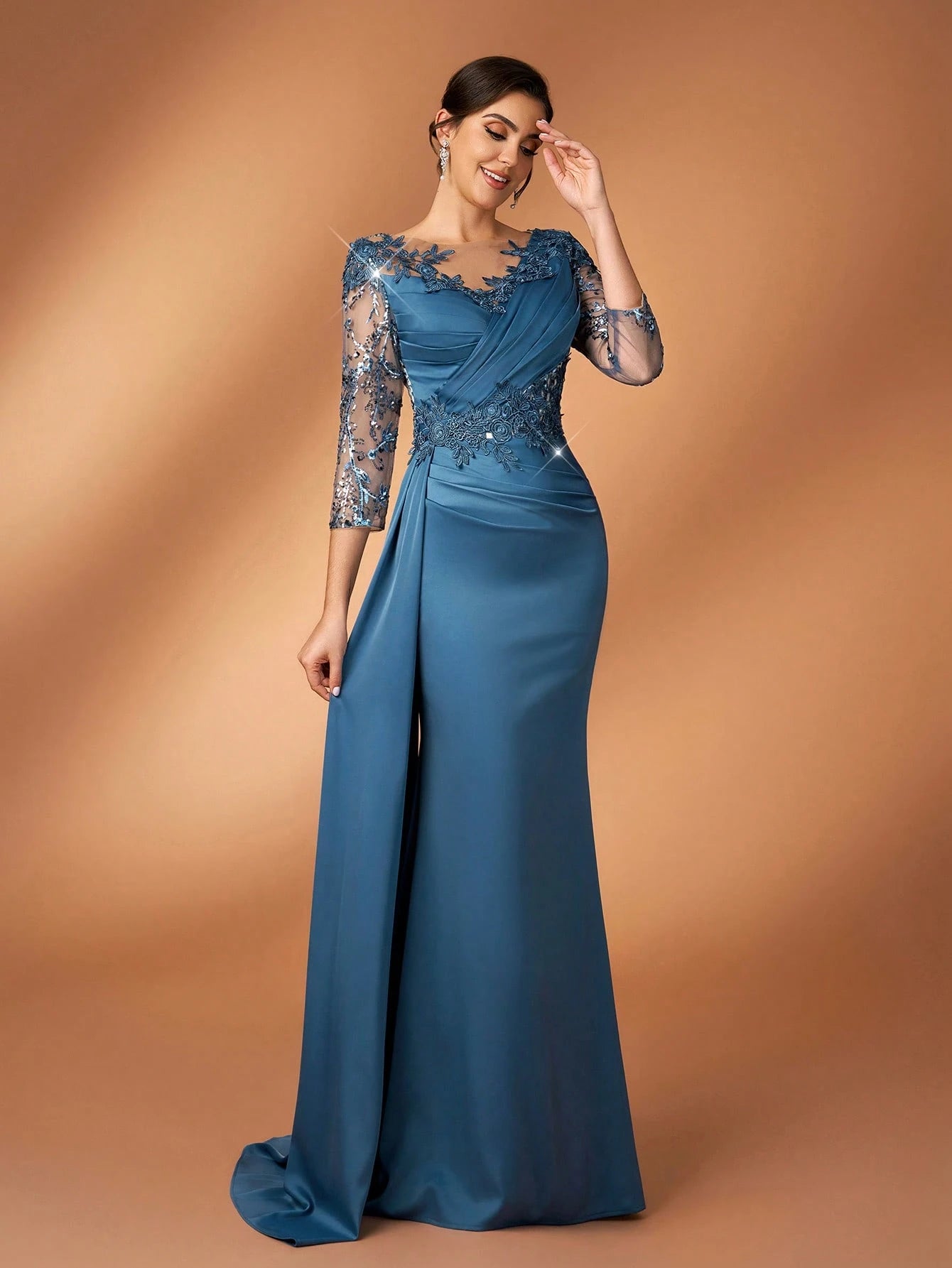 Serin Teal Winter Formal Elegant Bridesmaid Evening Mother Of The Bride Dress Luxurious Pearl Sequin - image 5