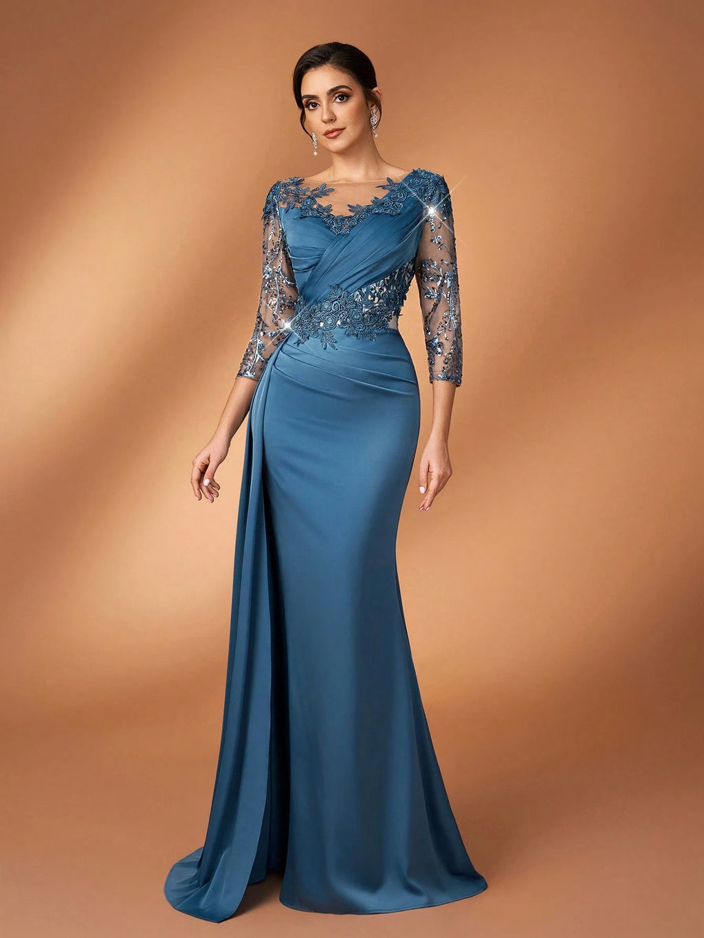 Serin Teal Winter Formal Elegant Bridesmaid Evening Mother Of The Bride Dress Luxurious Pearl Sequin - image 6
