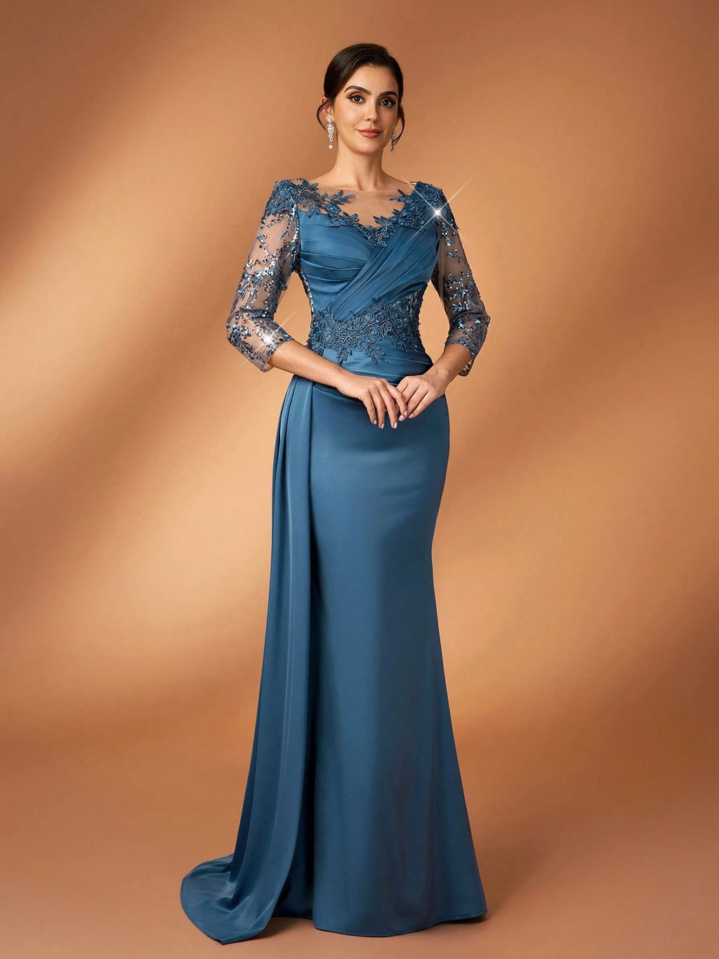 Serin Teal Winter Formal Elegant Bridesmaid Evening Mother Of The Bride Dress Luxurious Pearl Sequin - image 7