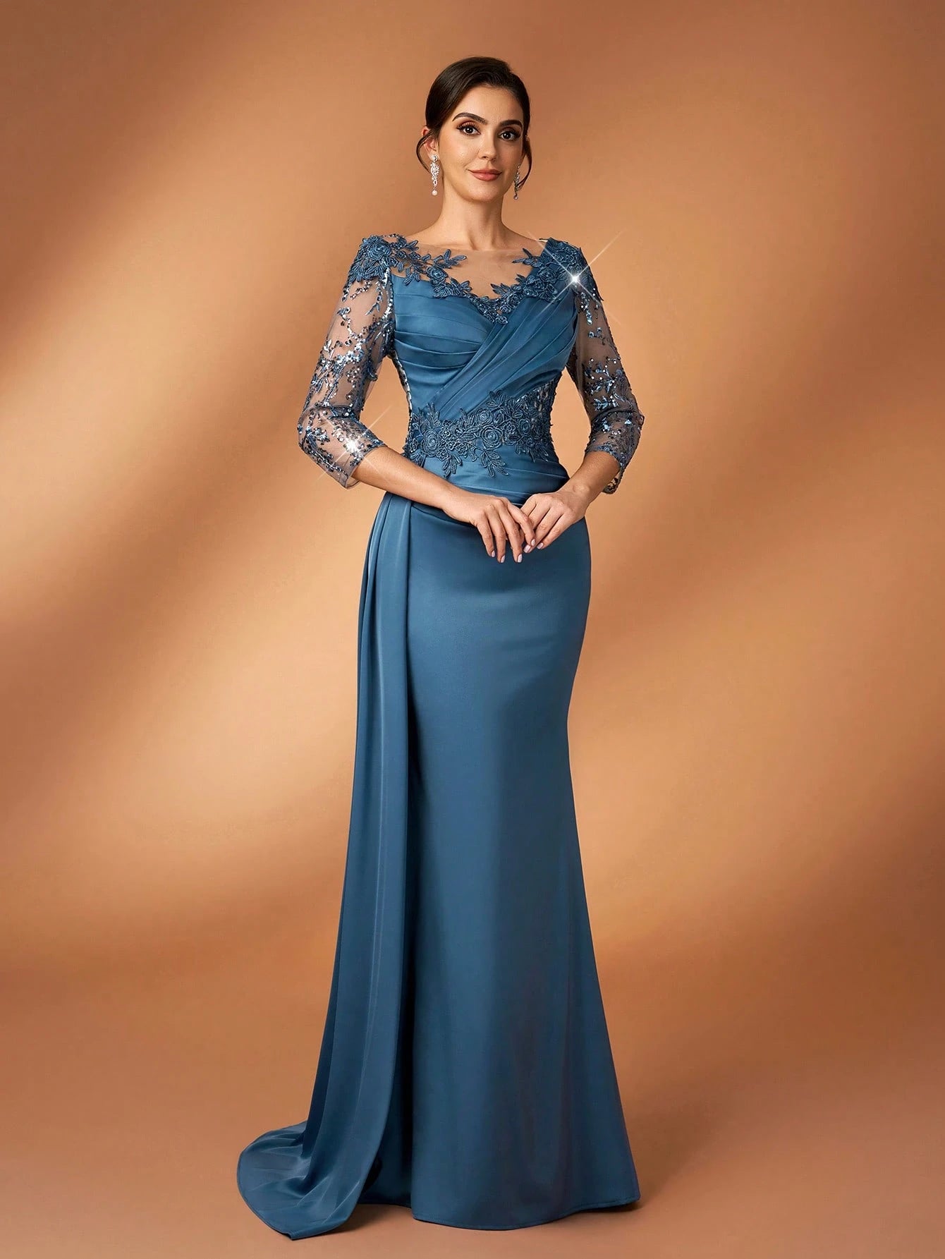 Serin Teal Winter Formal Elegant Bridesmaid Evening Mother Of The Bride Dress Luxurious Pearl Sequin - image 7