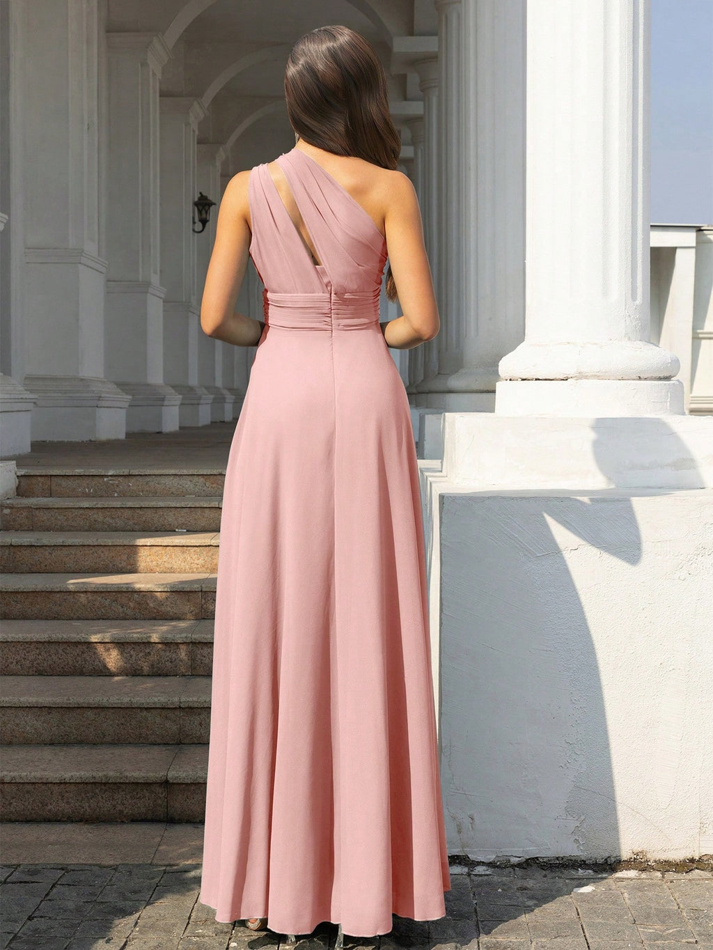 Volly Toych Elegant Sleeveless Long Bridesmaid Dress In Greyish Blue, With Asymmetric Neckline And Draped - image 8