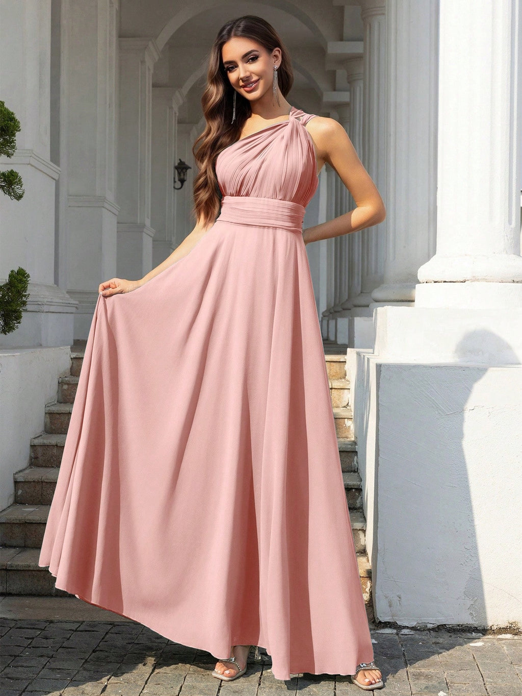 Volly Toych Elegant Sleeveless Long Bridesmaid Dress In Greyish Blue, With Asymmetric Neckline And Draped - image 10