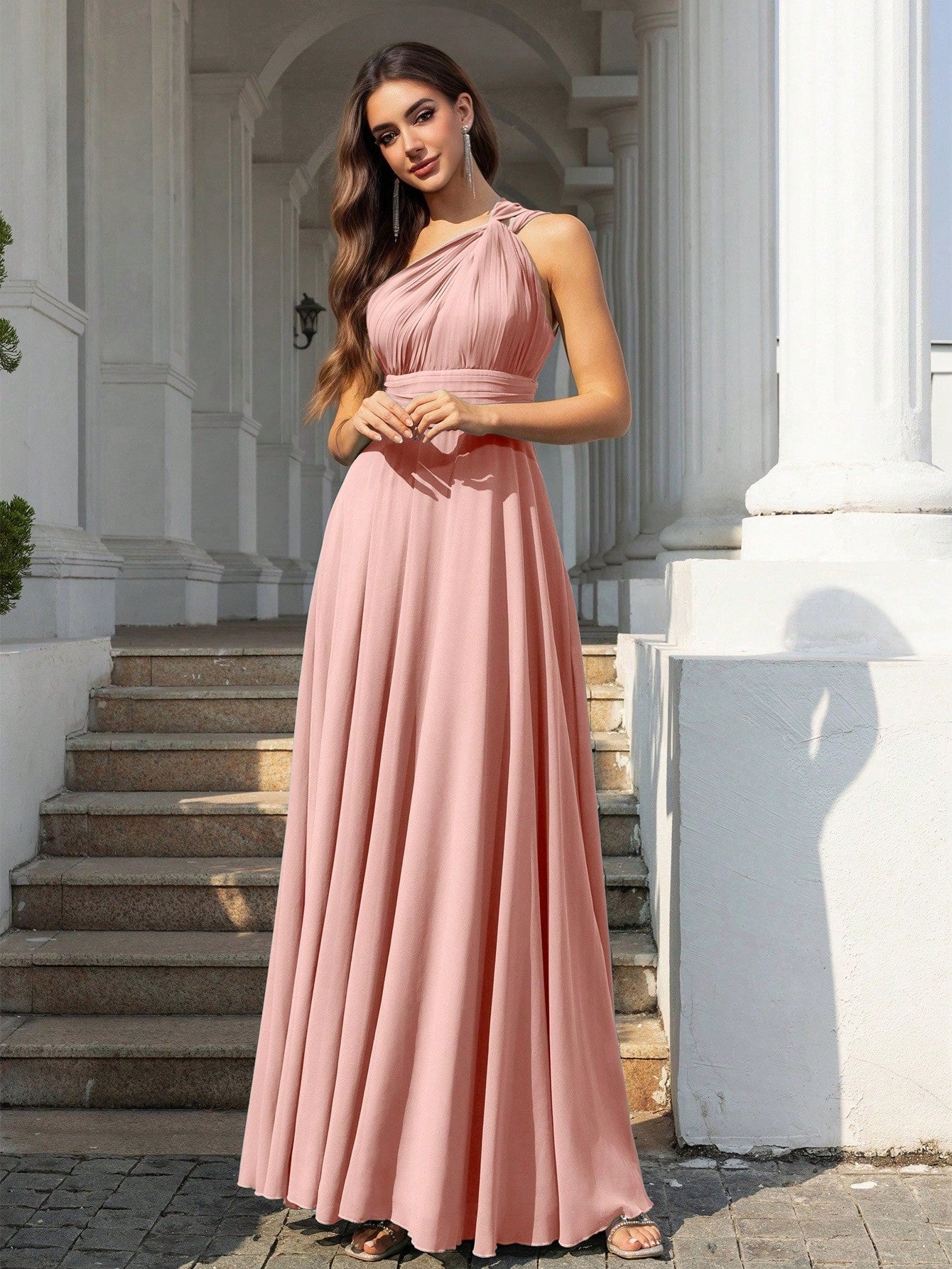 Volly Toych Elegant Sleeveless Long Bridesmaid Dress In Greyish Blue, With Asymmetric Neckline And Draped - image 9