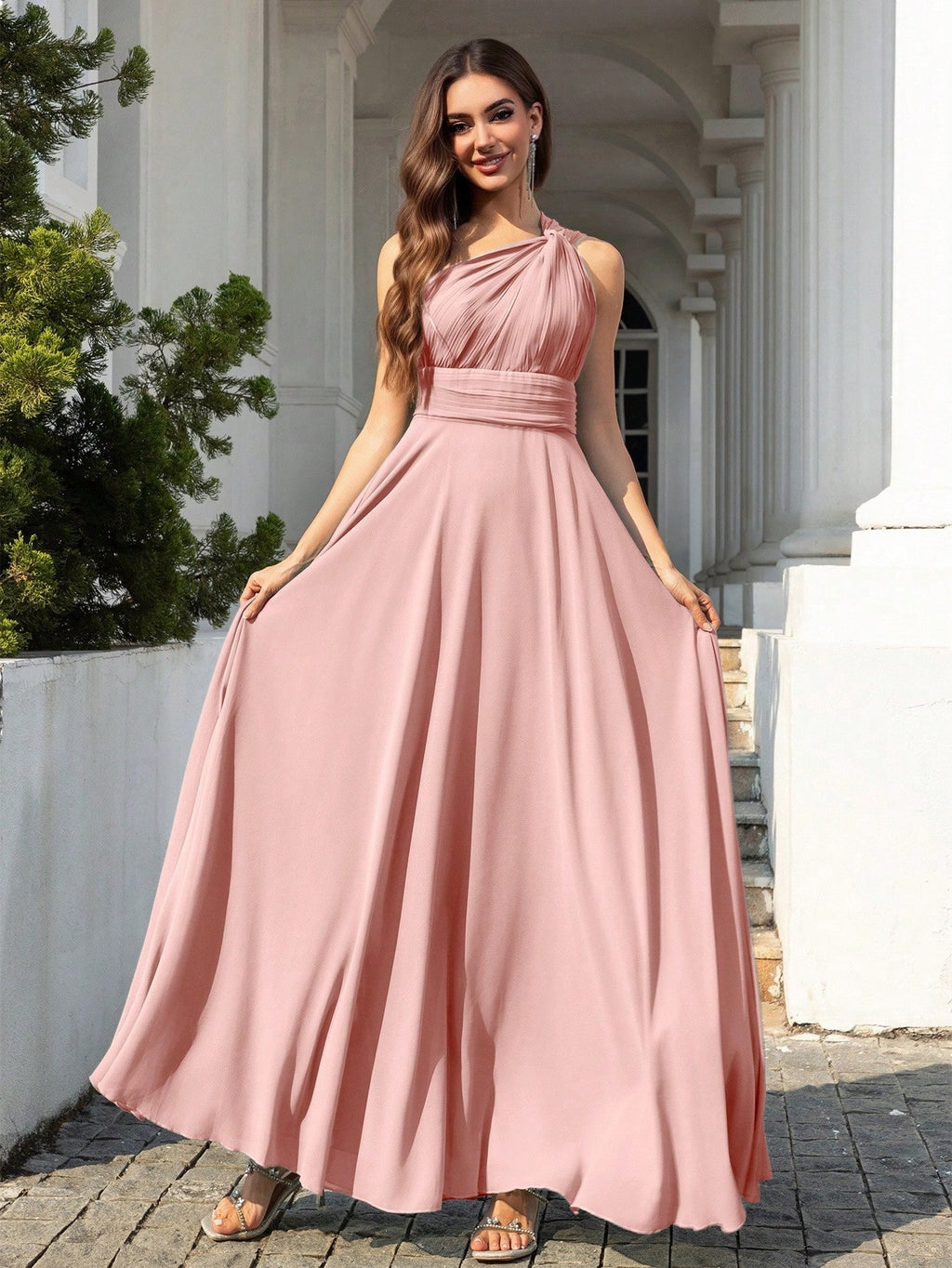 Volly Toych Elegant Sleeveless Long Bridesmaid Dress In Greyish Blue, With Asymmetric Neckline And Draped - image 7