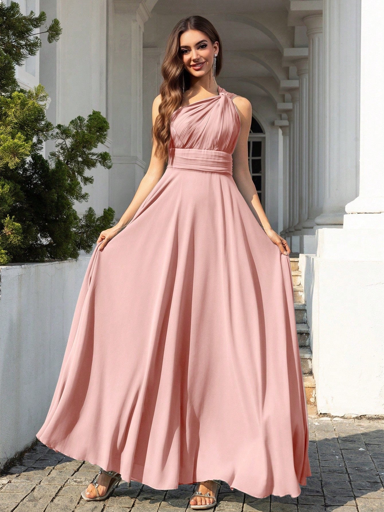 Volly Toych Elegant Sleeveless Long Bridesmaid Dress In Greyish Blue, With Asymmetric Neckline And Draped - image 7