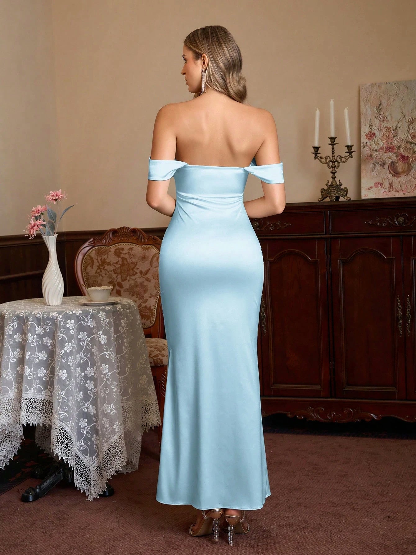 PARTHEA Open Shoulder Ruched Satin Elegant Bridesmaid Dress Wedding - image 10