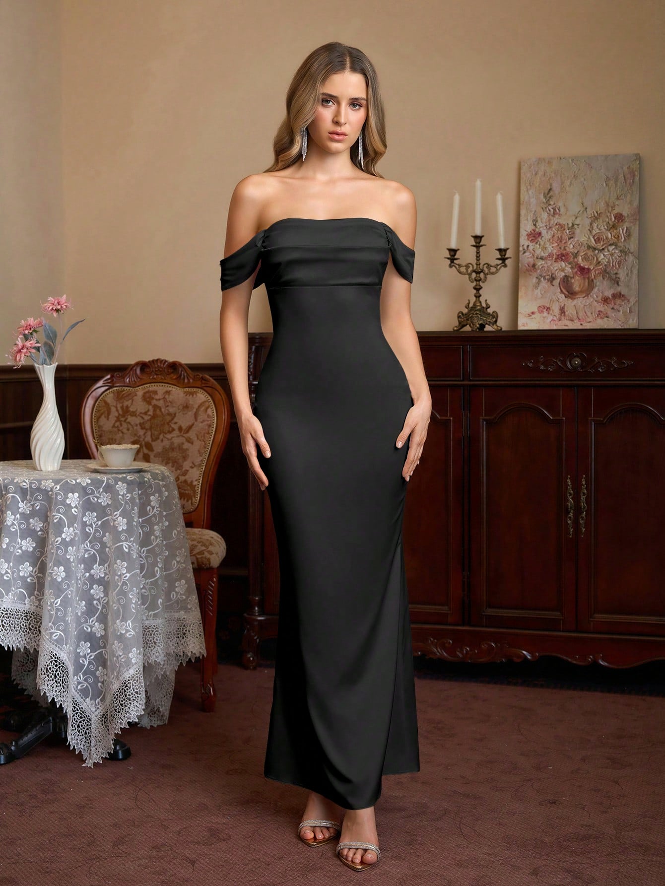 PARTHEA Open Shoulder Ruched Satin Elegant Bridesmaid Dress Wedding