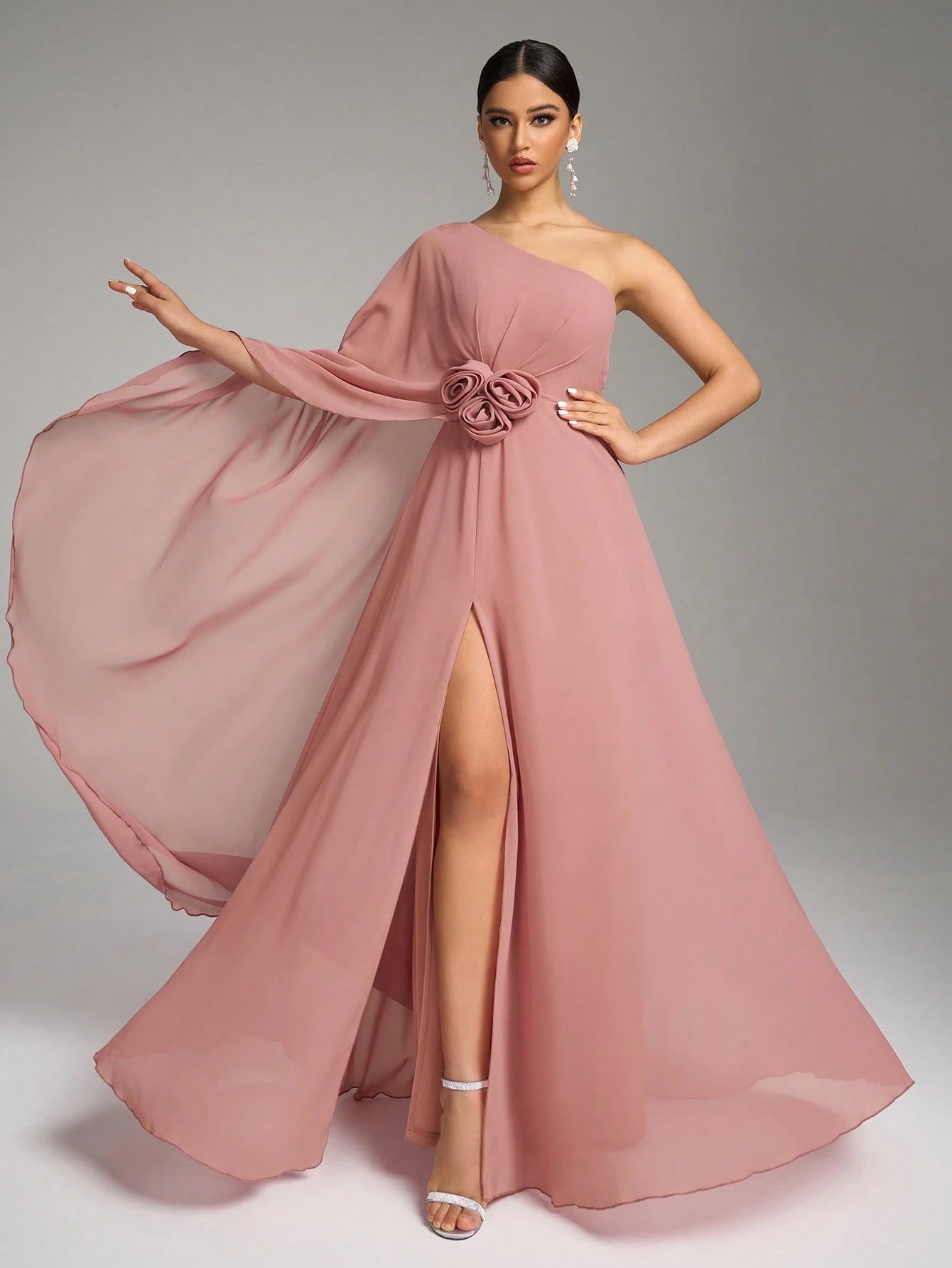 SUPGIR Floral Decor Slit Maxi Chiffon Dress With Shoulder Strap & Flounce Sleeve Wedding Spring - image 9