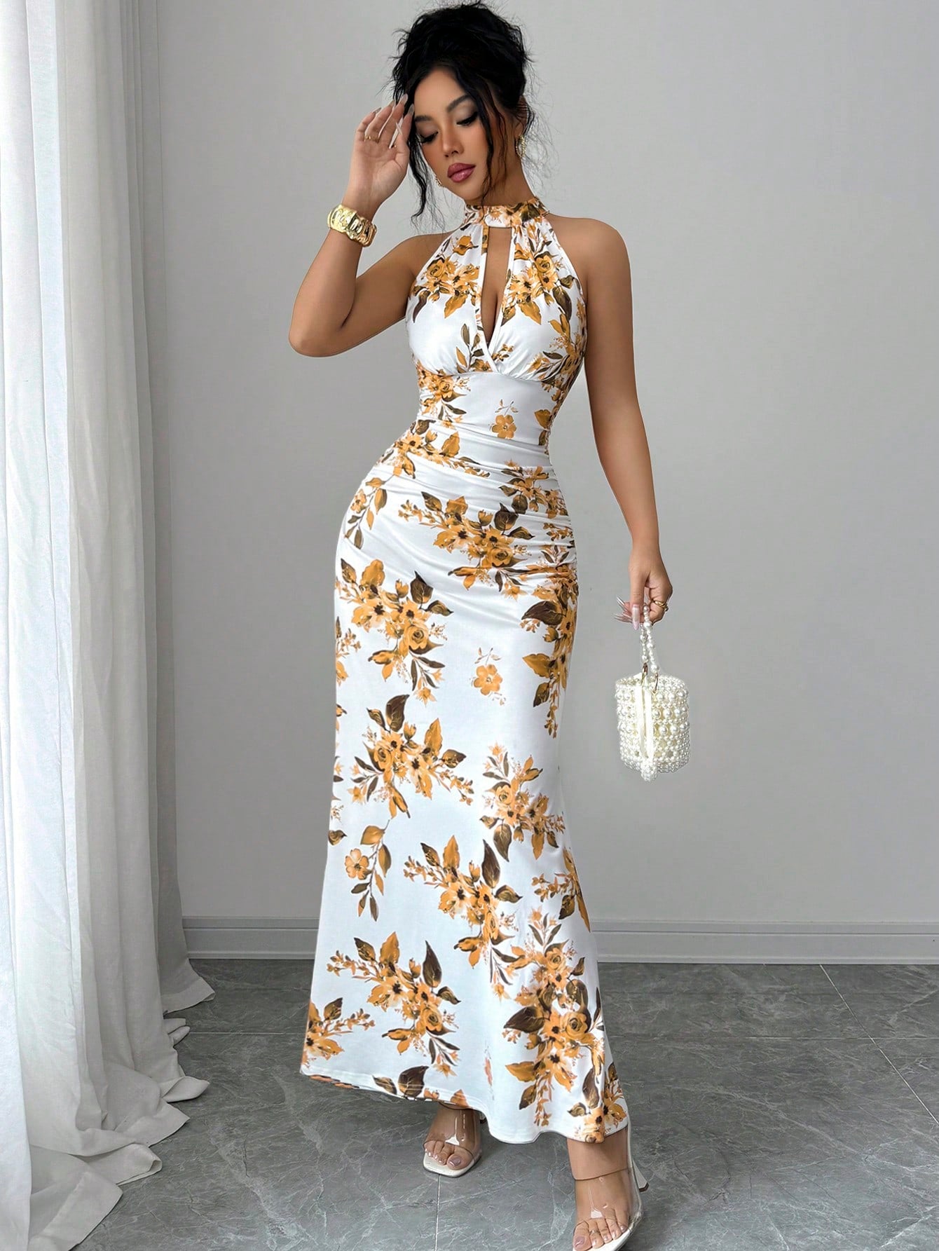 Women's Long Ditsy Floral Dress, Waist-Cinching Bodycon Dress, Versatile Style, Elegant And Youthful, - image 3