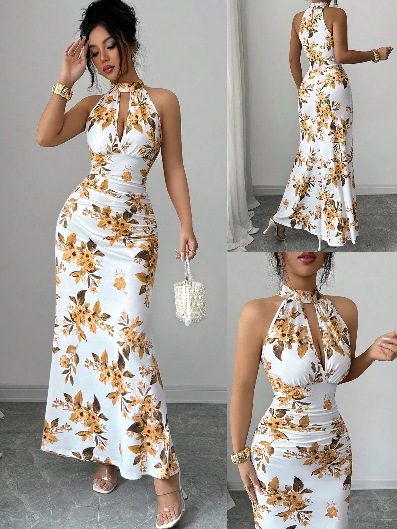 Women's Long Ditsy Floral Dress, Waist-Cinching Bodycon Dress, Versatile Style, Elegant And Youthful,