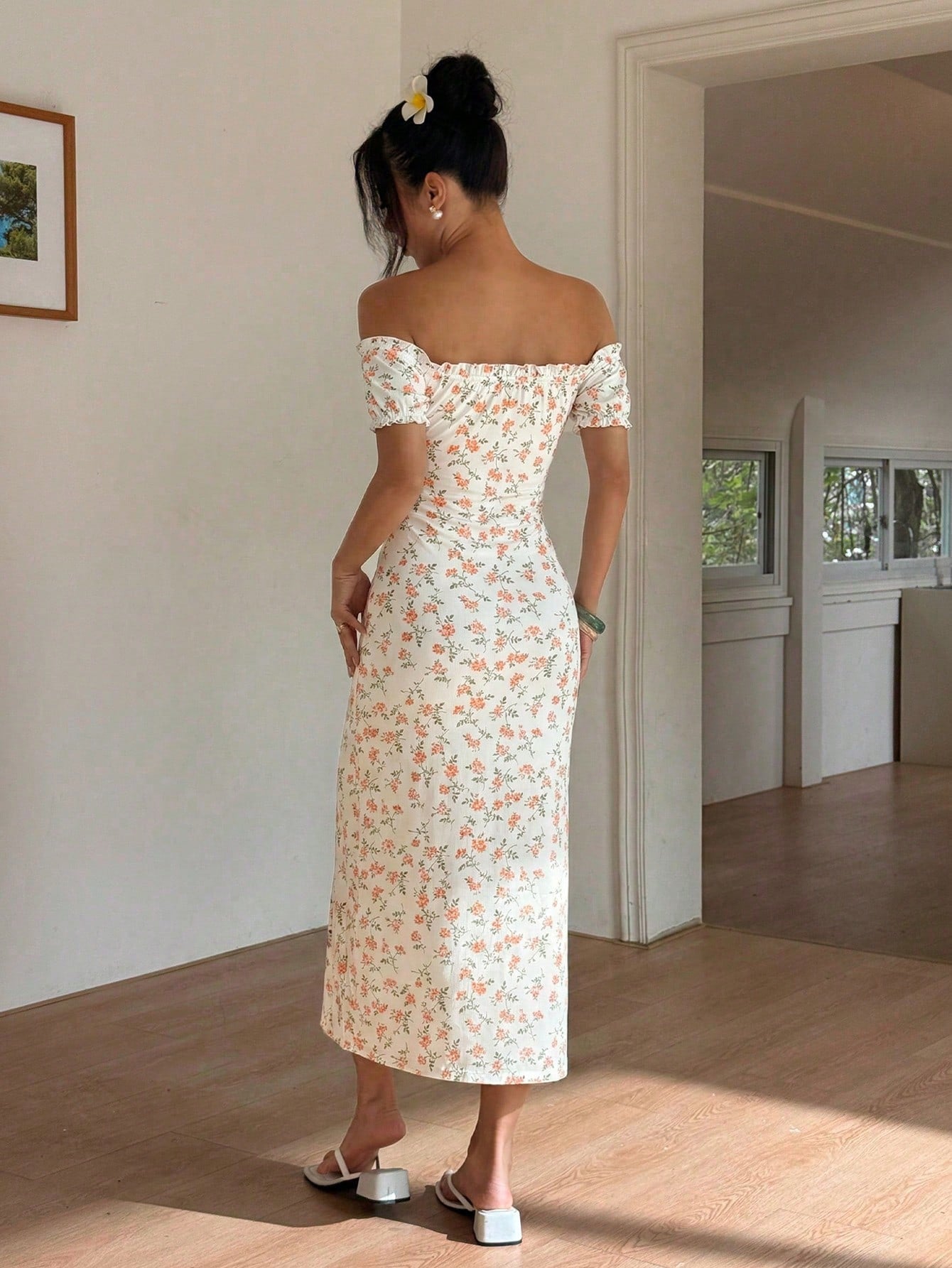 Sunnyshic Women's Off Shoulder Side Slit Ditsy Floral Dress - image 17