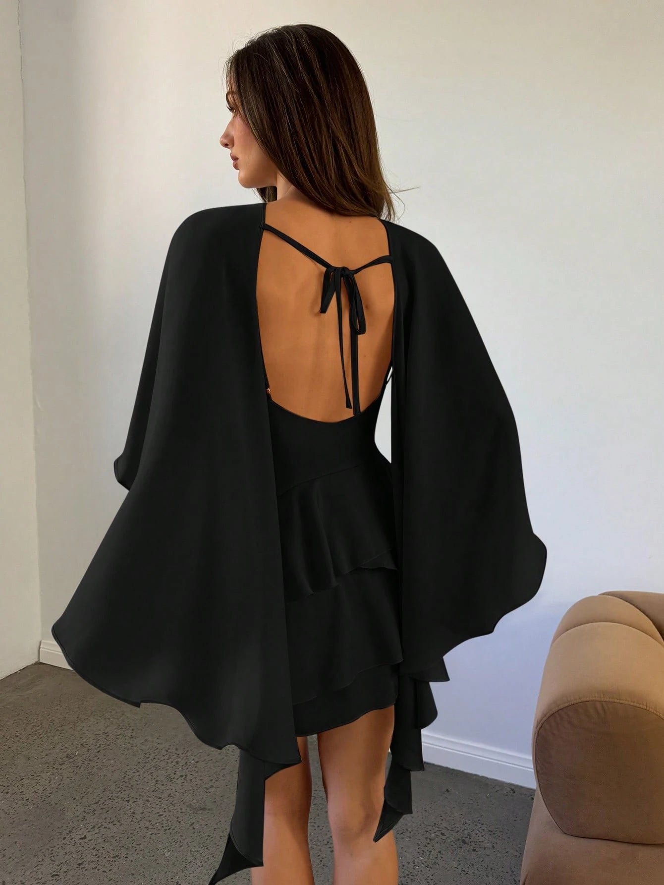Aloruh Women's New Solid Coffee Color Slip Dress With Detachable Shawl, Sexy Cute Retro Romantic Date Mini - image 18