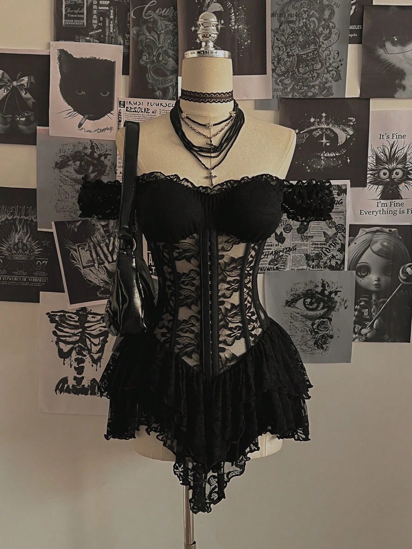 Attitoon Women's Casual Vintage Corset Lace Fitted Asymmetrical Hem Mini Dress, Suitable For Y2K - image 3