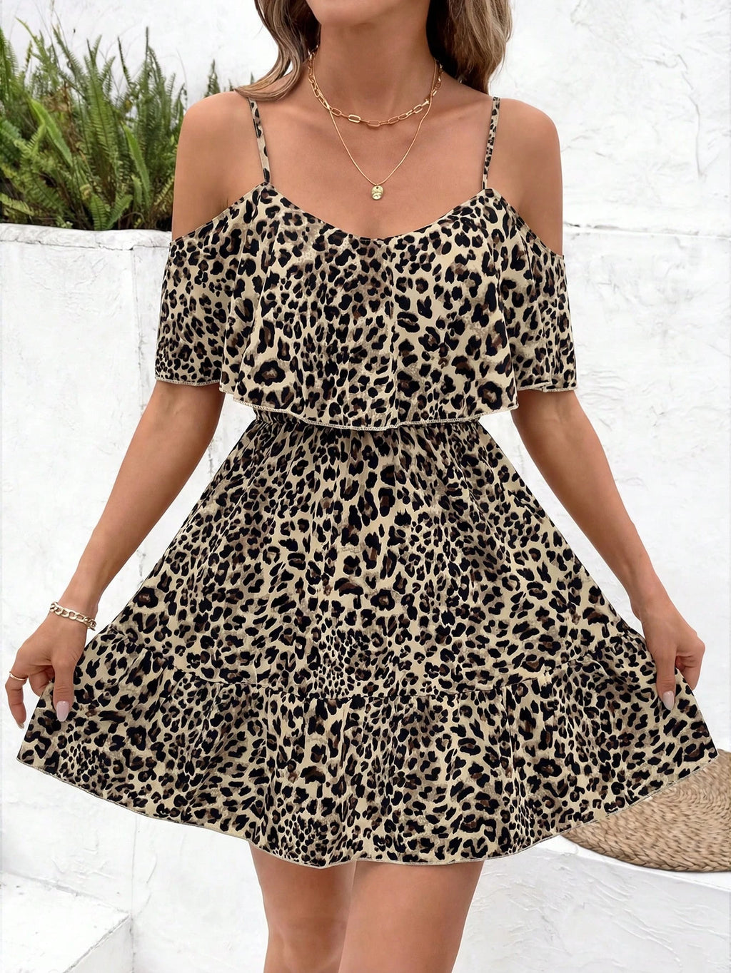 Clasi Women's Elegant Brown Leopard Print Off-Shoulder Ruffle V-Neck