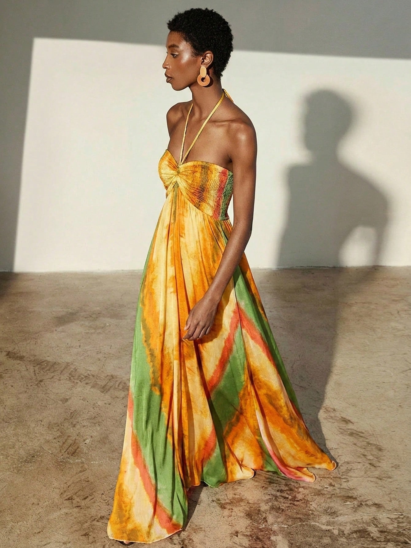 Frievida Chiffon Tie-Dye Print Halter Neck Tie-Up Sleeveless Vacation