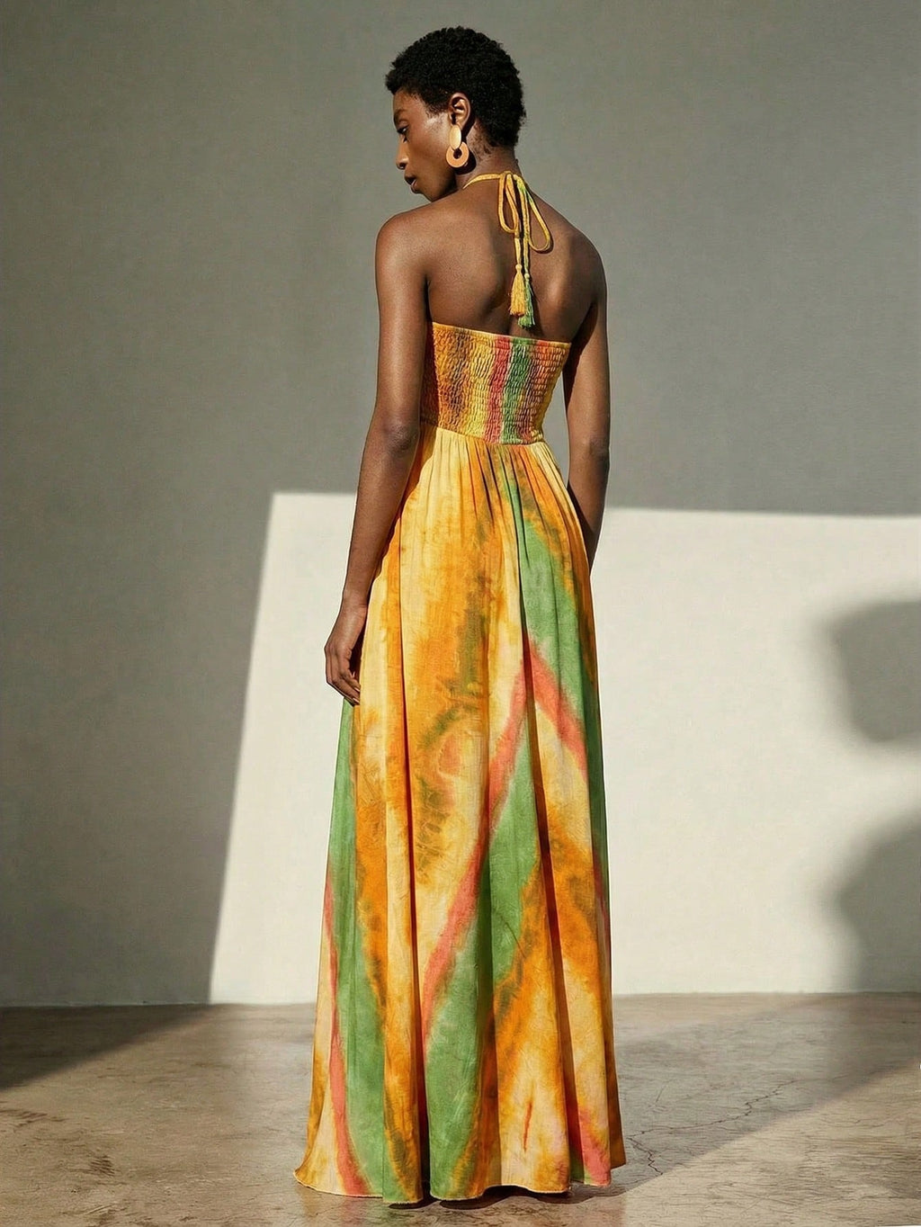 Frievida Chiffon Tie-Dye Print Halter Neck Tie-Up Sleeveless Vacation