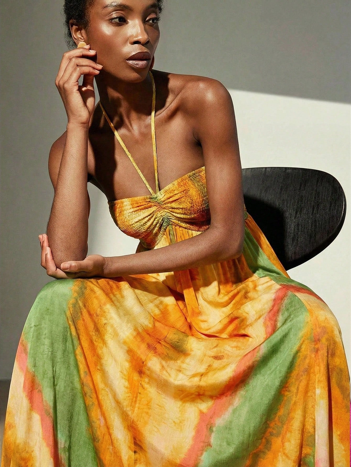 Frievida Chiffon Tie-Dye Print Halter Neck Tie-Up Sleeveless Vacation