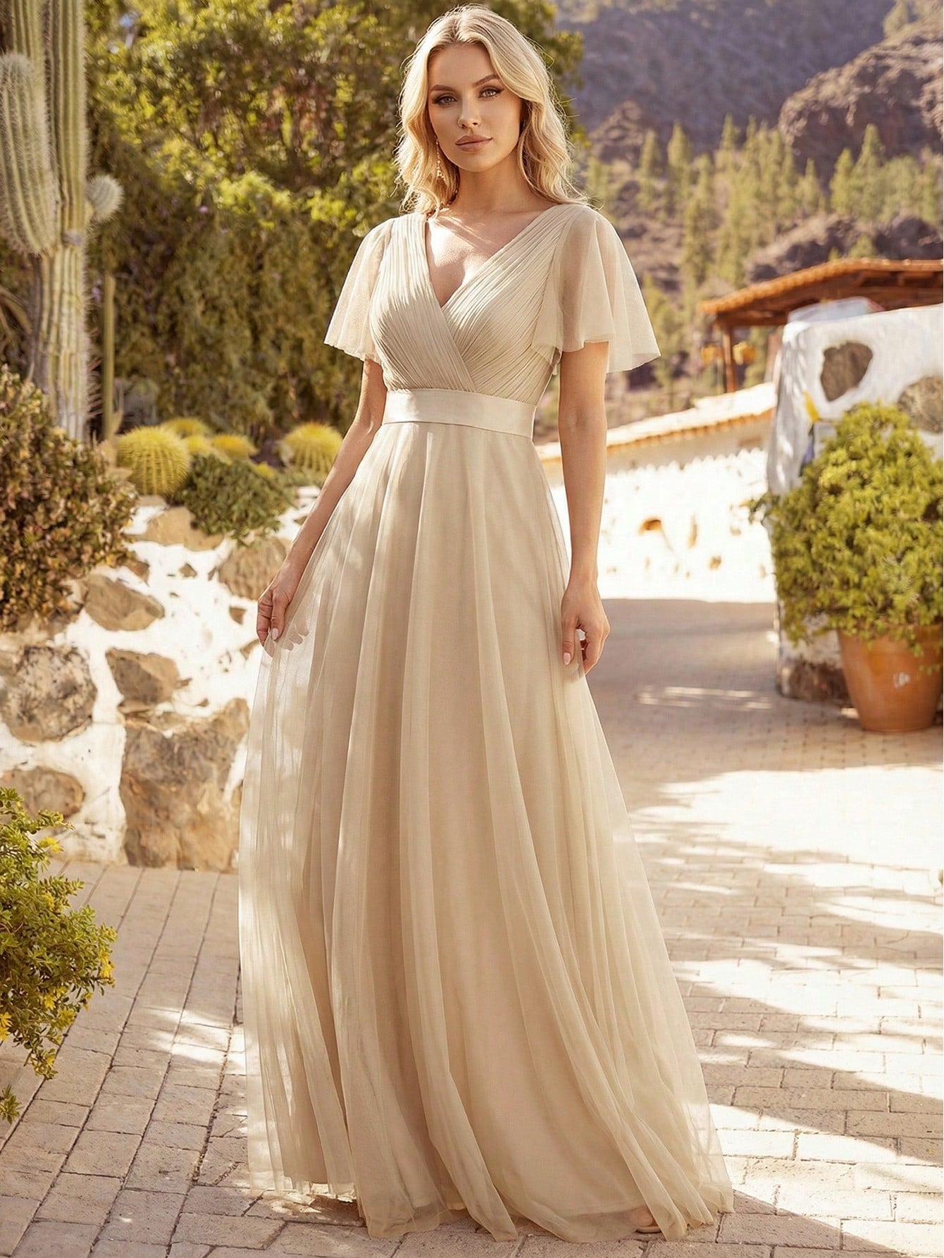 EVERPRETTY Romantic V-Neck A-Line Chiffon Pink Bridesmaid Dress,