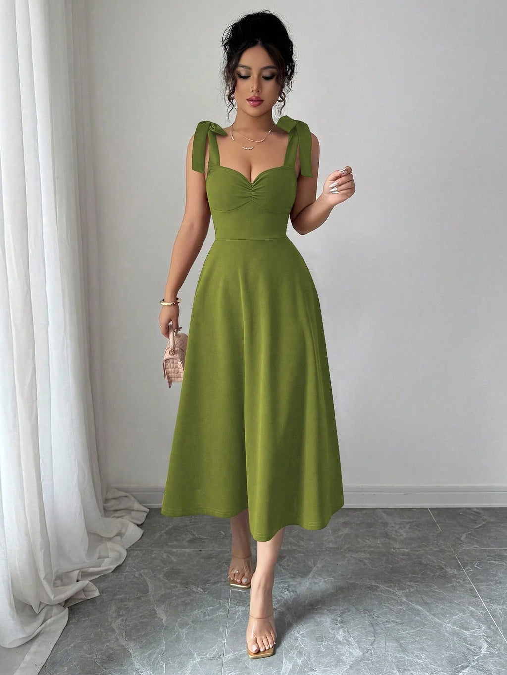 Elenzga Sleeveless Tie-Up Cinched Waist A-Line Elegant Romantic Women Dress