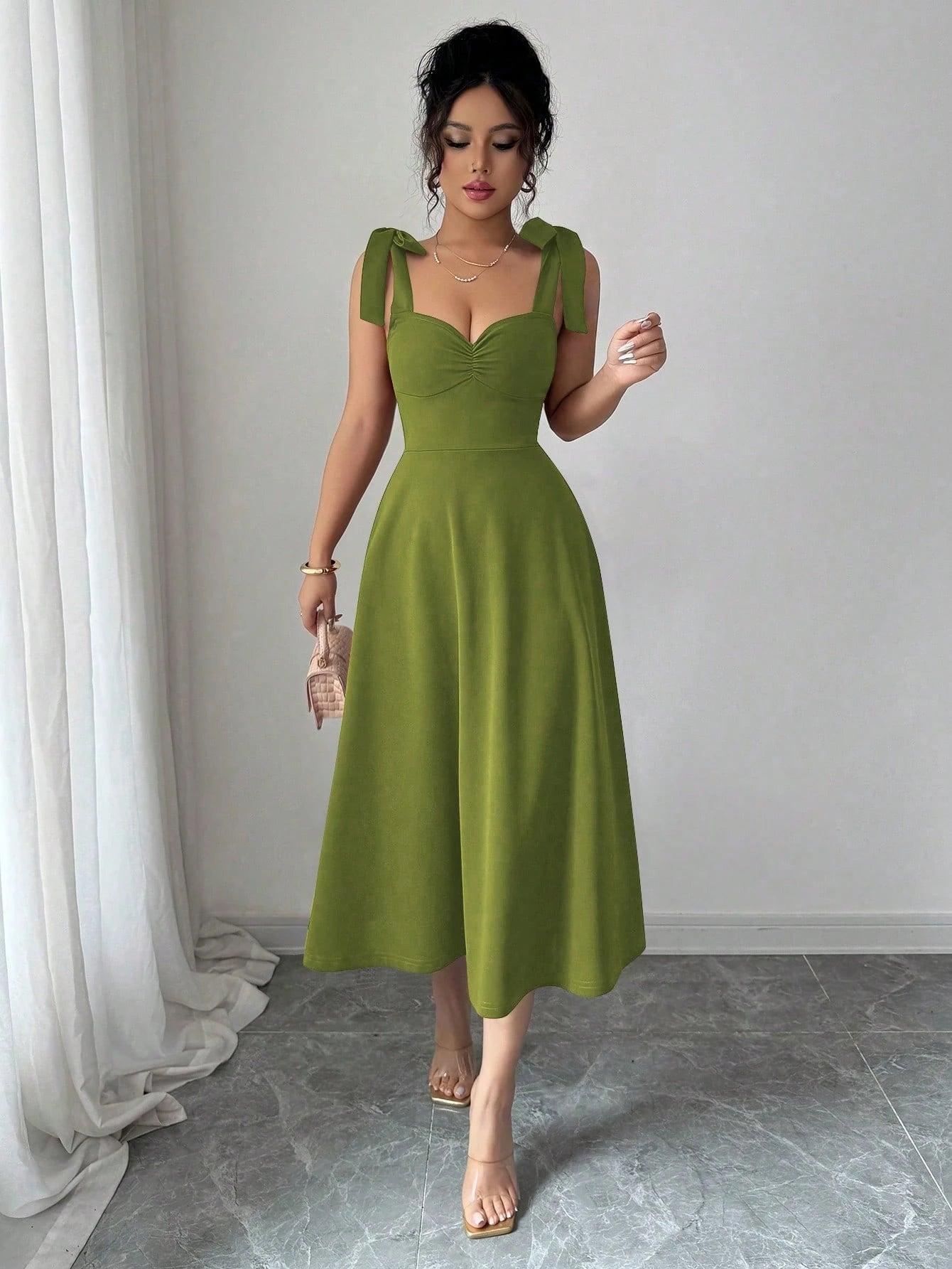Elenzga Sleeveless Tie-Up Cinched Waist A-Line Elegant Romantic Women Dress