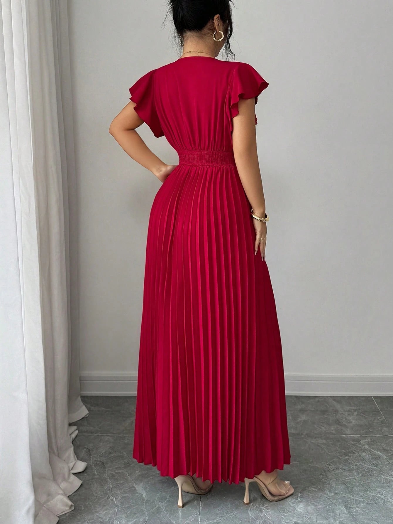 Elenzga New V-Neck Ruffle Sleeve Woven Solid Color Metal Decor