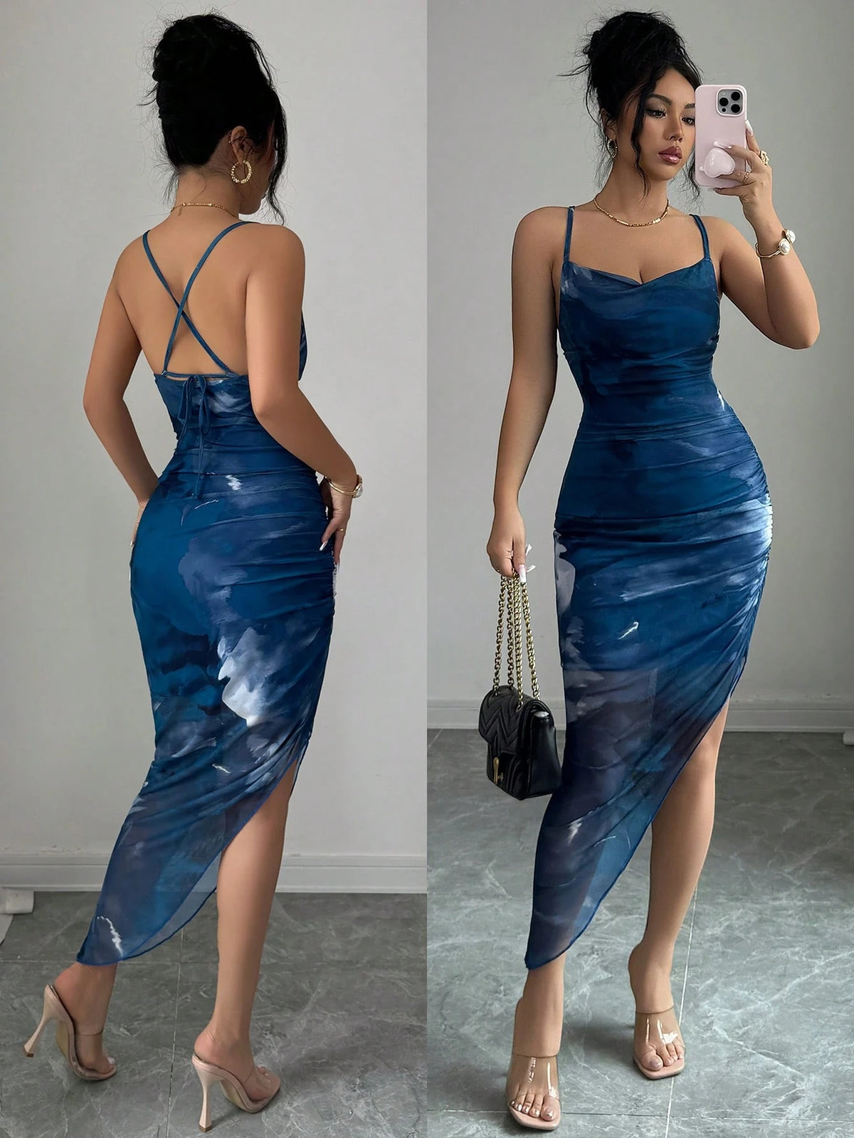 Women's Luxury Summer Evening Dress, Tie Dye Printed Draped