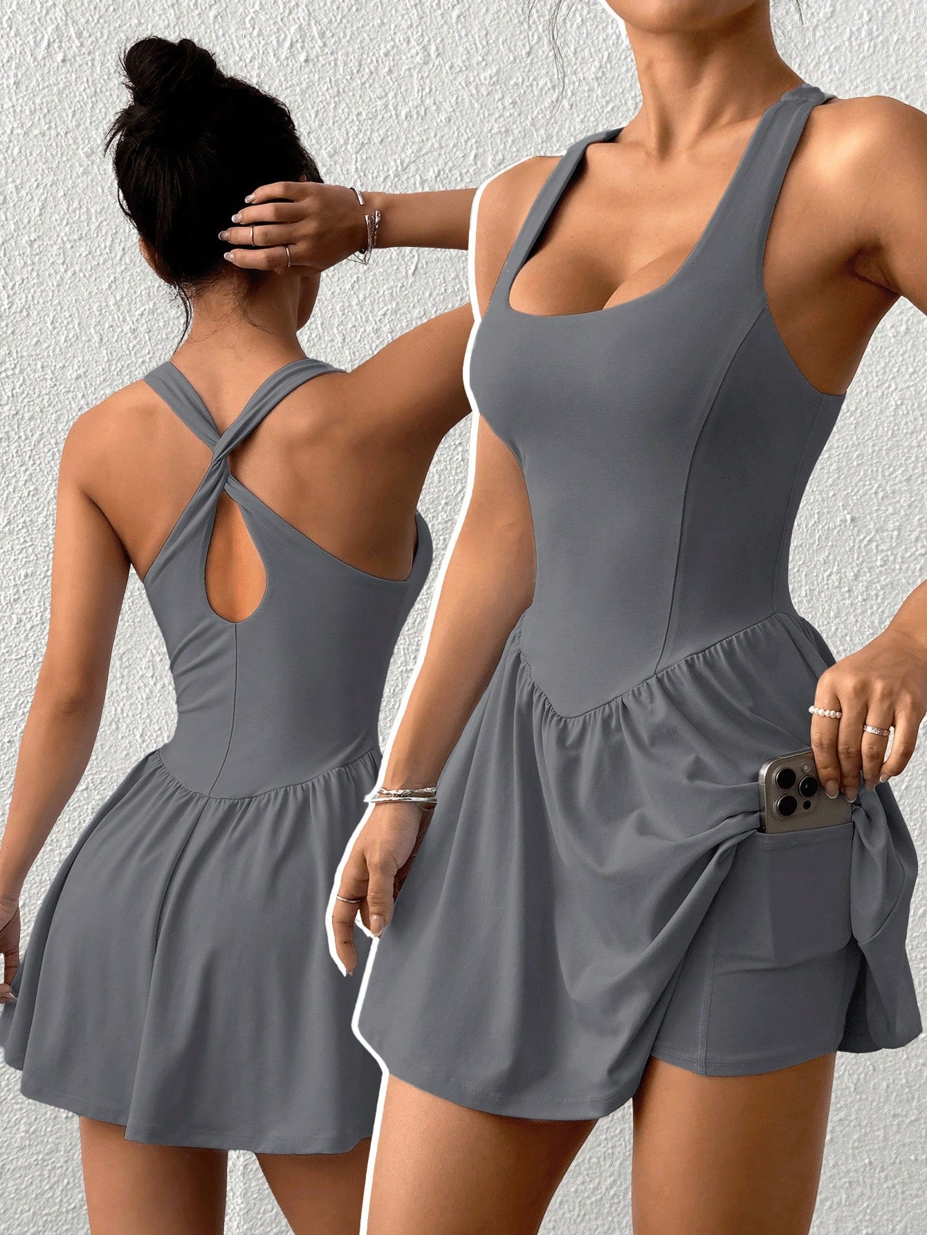 EZwear Solid Color Wide Strap Sporty Casual Dress With Attached Shorts